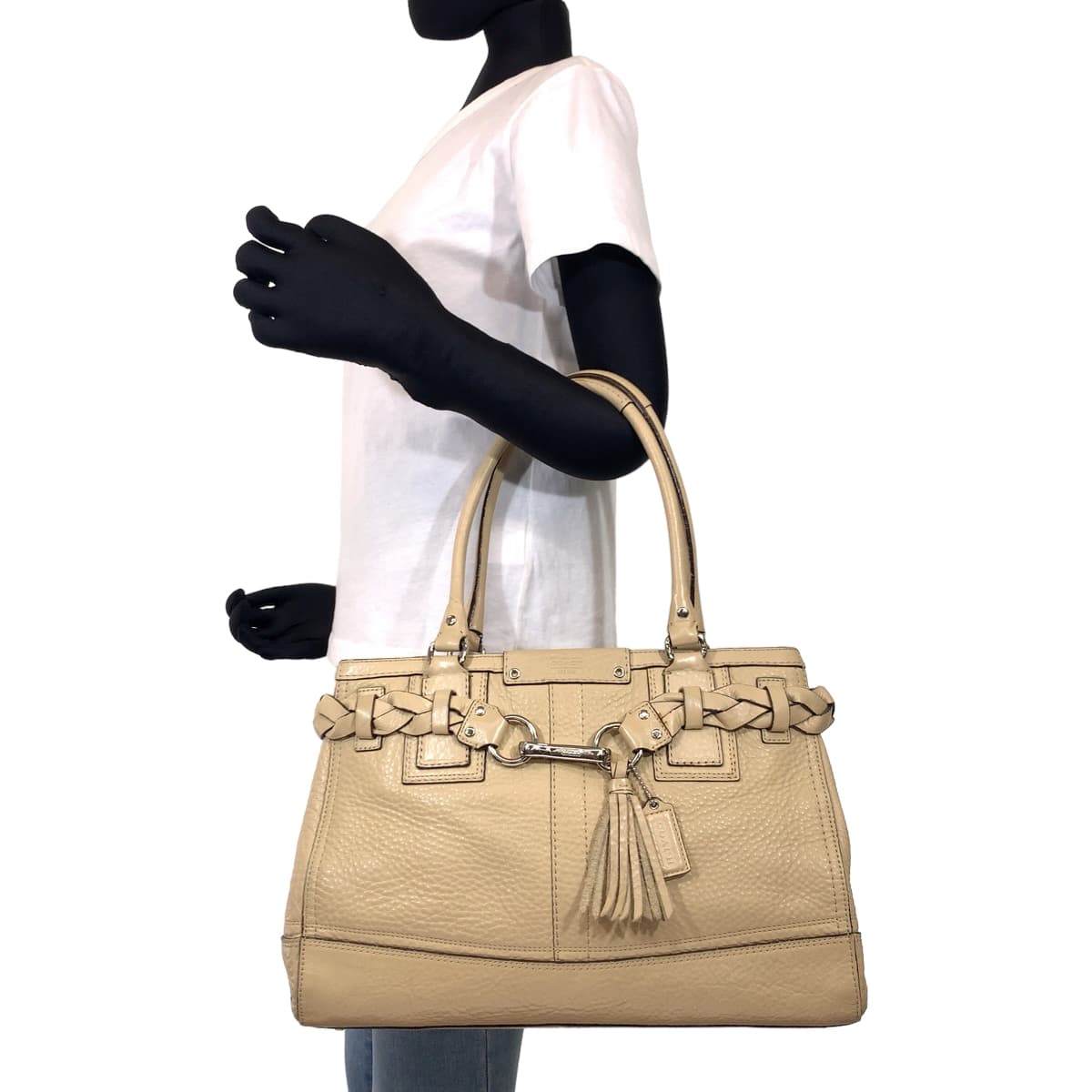 COACH コーチ ハンプトンズ ペブルド タッセル ベージュ レザー F13087 トートバッグ ハンドバッグ  レディース