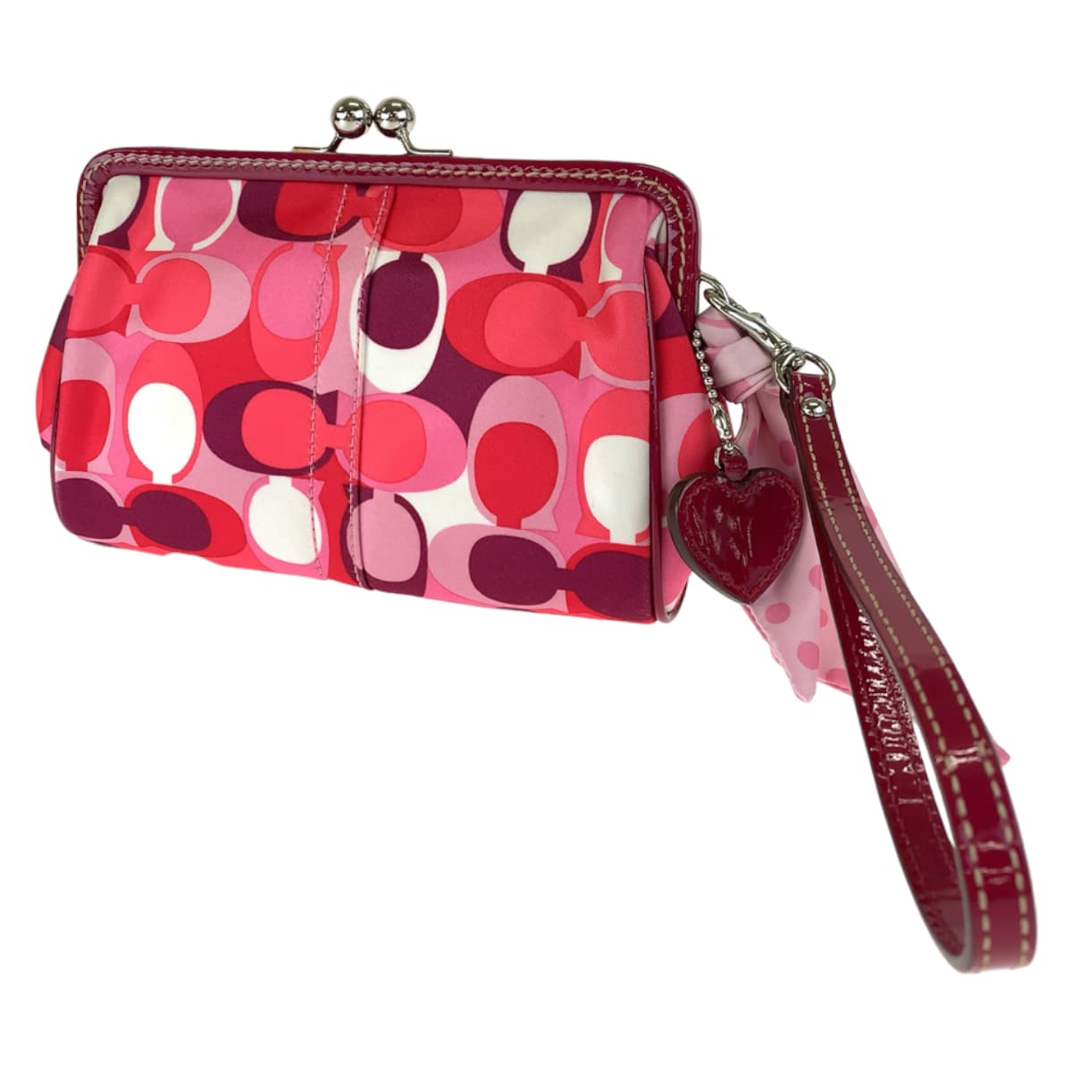 COACH コーチ シグネチャー ピンク ワインレッド 赤 サテン アクセサリーポーチ メイクポーチ  レディース