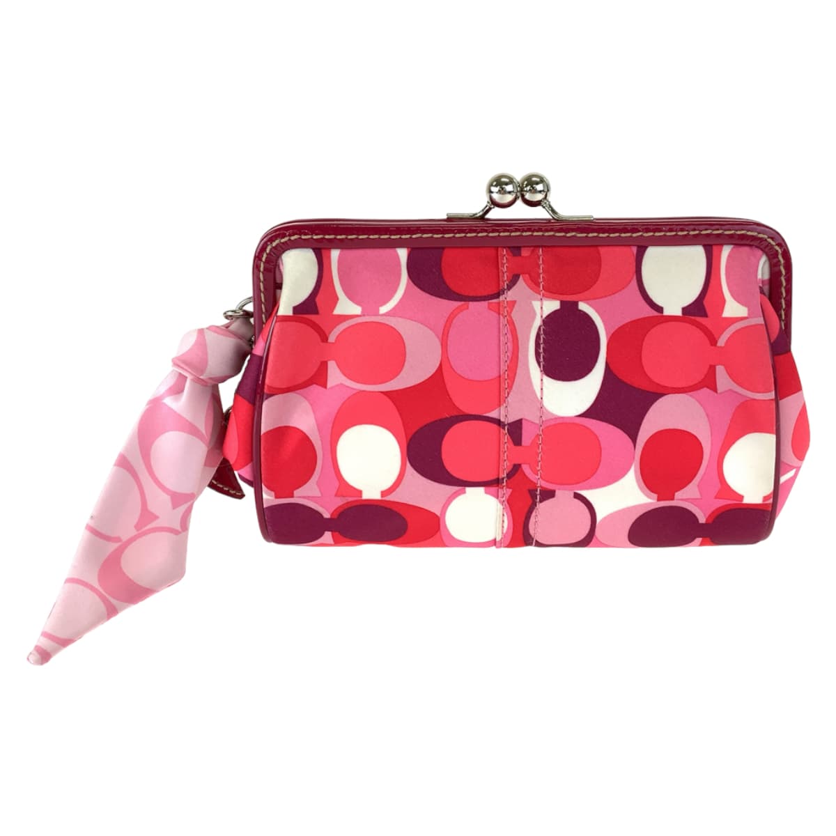COACH コーチ シグネチャー ピンク ワインレッド 赤 サテン アクセサリーポーチ メイクポーチ  レディース