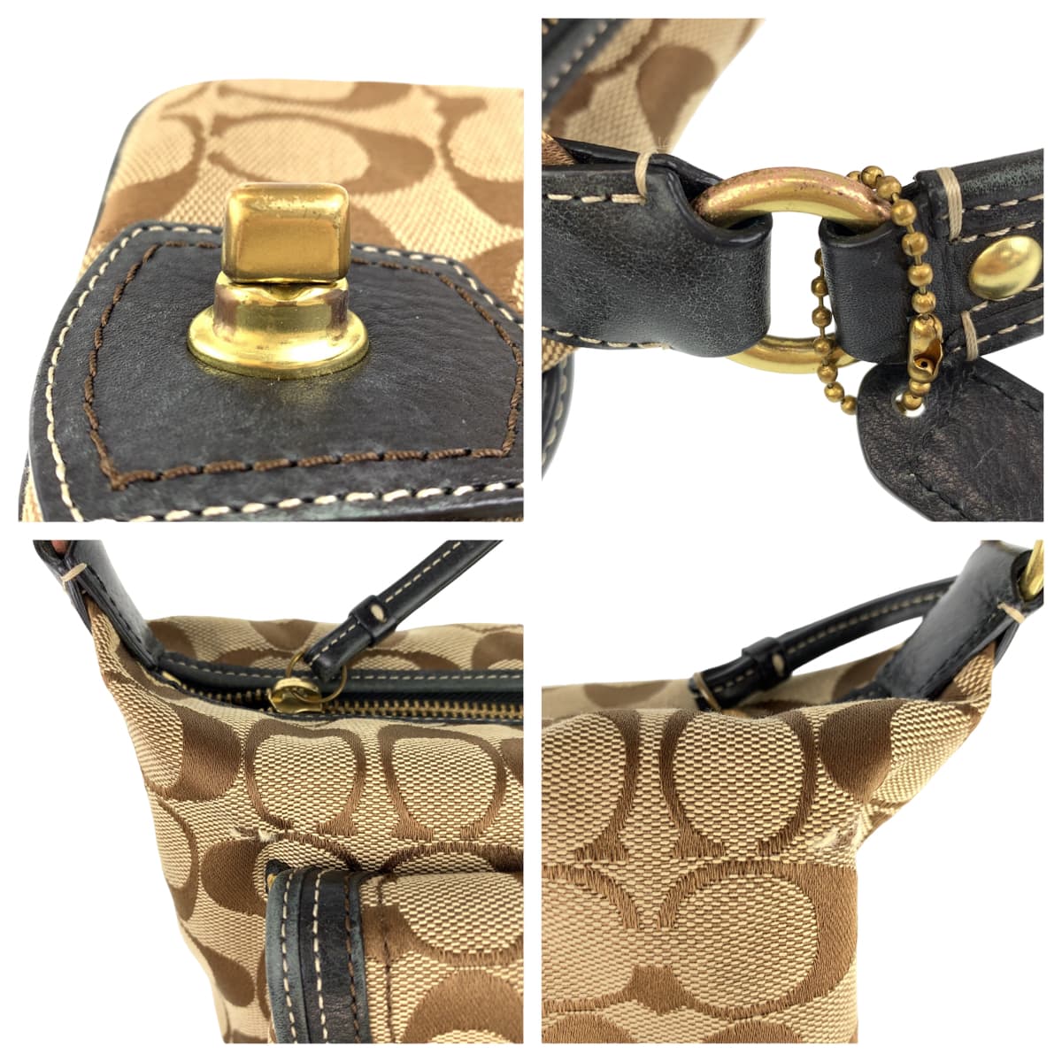COACH コーチ シグネチャー ベージュ ブラック 黒 キャンバス / レザー 40224 ハンドバッグ アクセサリーポーチ  レディース
