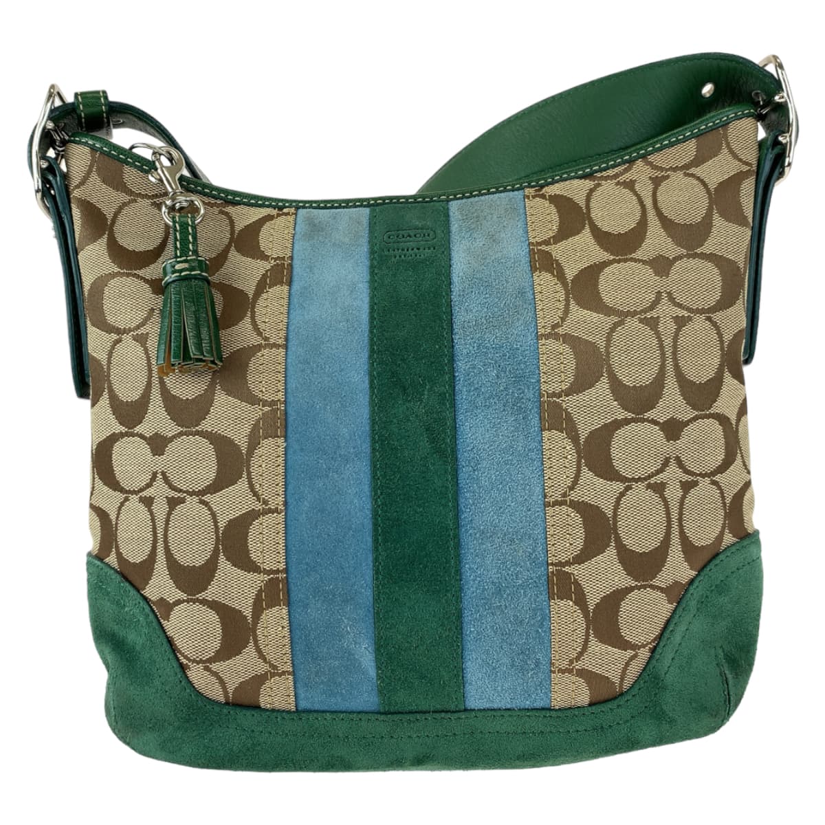 COACH コーチ シグネチャー グリーン 緑 ベージュ キャンバス / スウェード 6877 ショルダーバッグ 斜め掛け  レディース