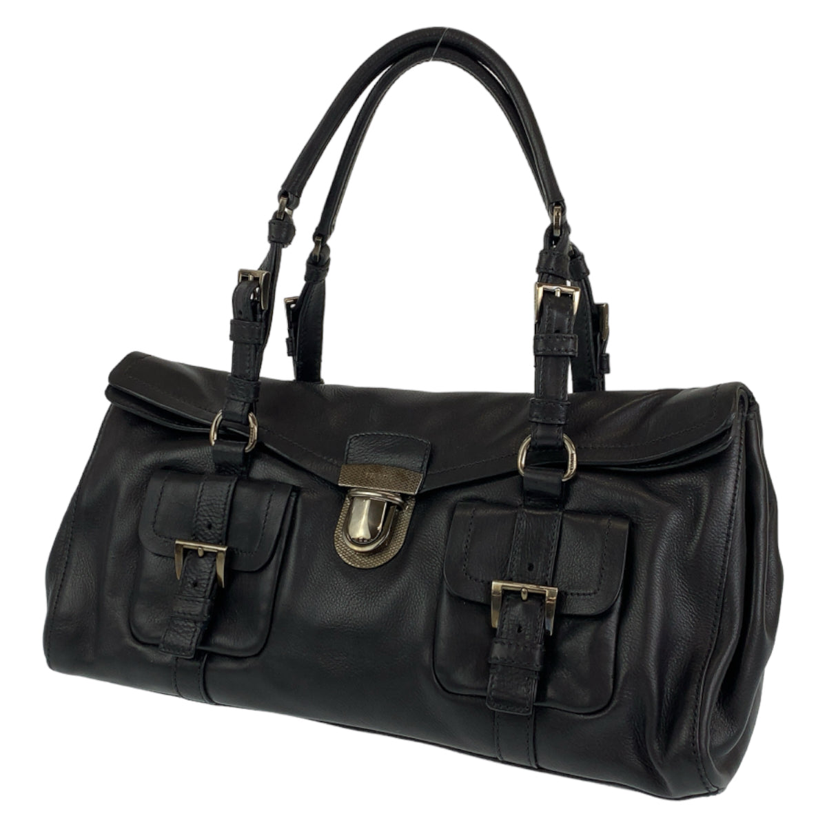 PRADA Prada black silver hardware leather handbag tote bag for women