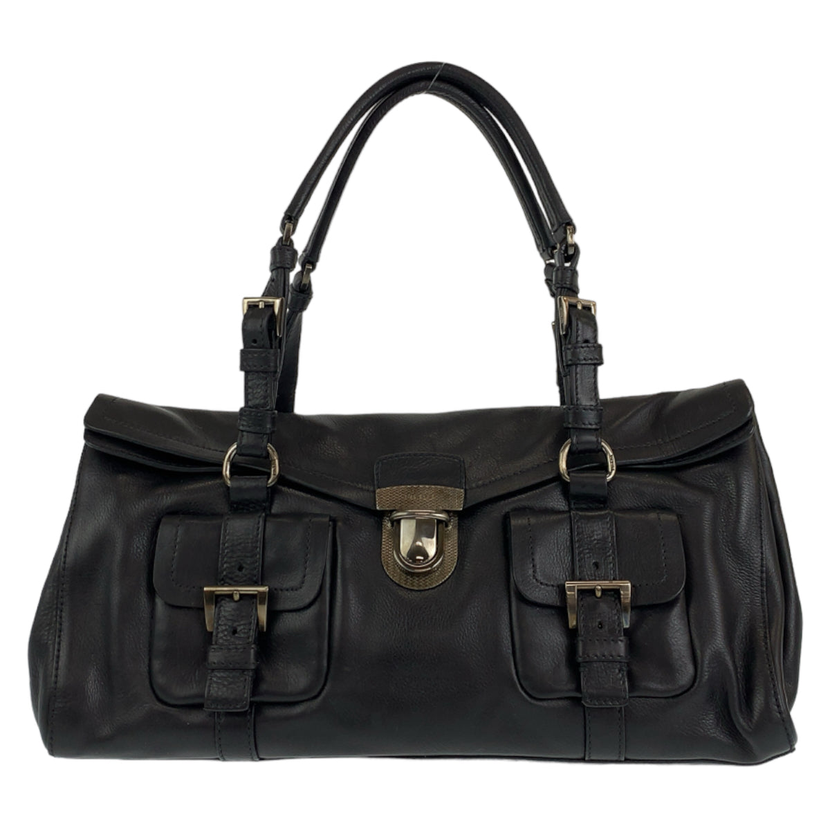 PRADA Prada black silver hardware leather handbag tote bag for women
