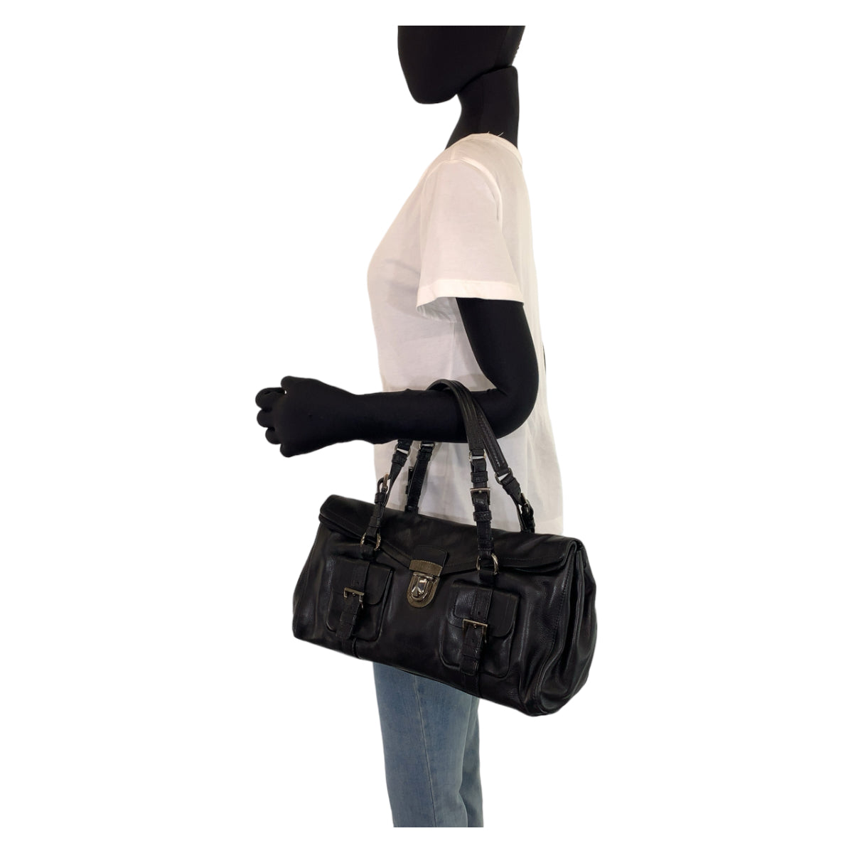 PRADA Prada black silver hardware leather handbag tote bag for women