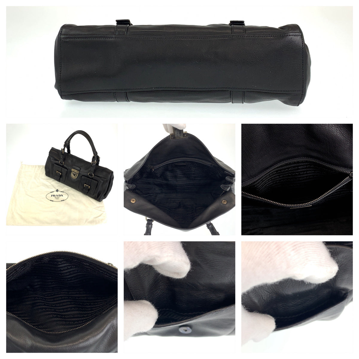 PRADA Prada black silver hardware leather handbag tote bag for women