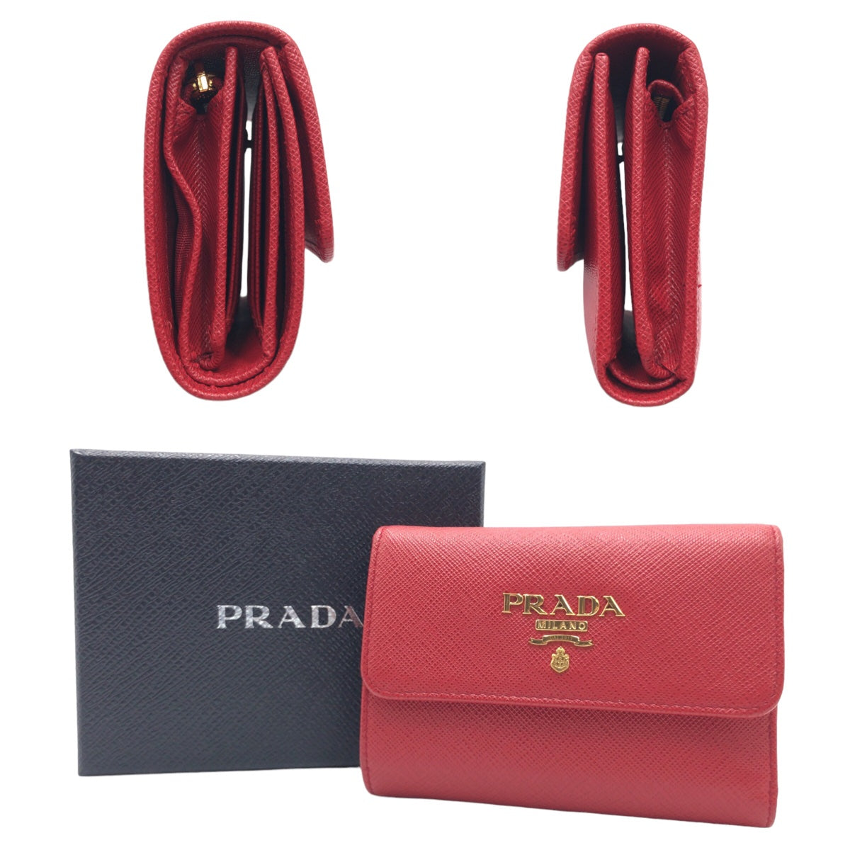 PRADA Prada Saffiano Red Gold Hardware Leather Tri-fold Wallet for Women 1MH025