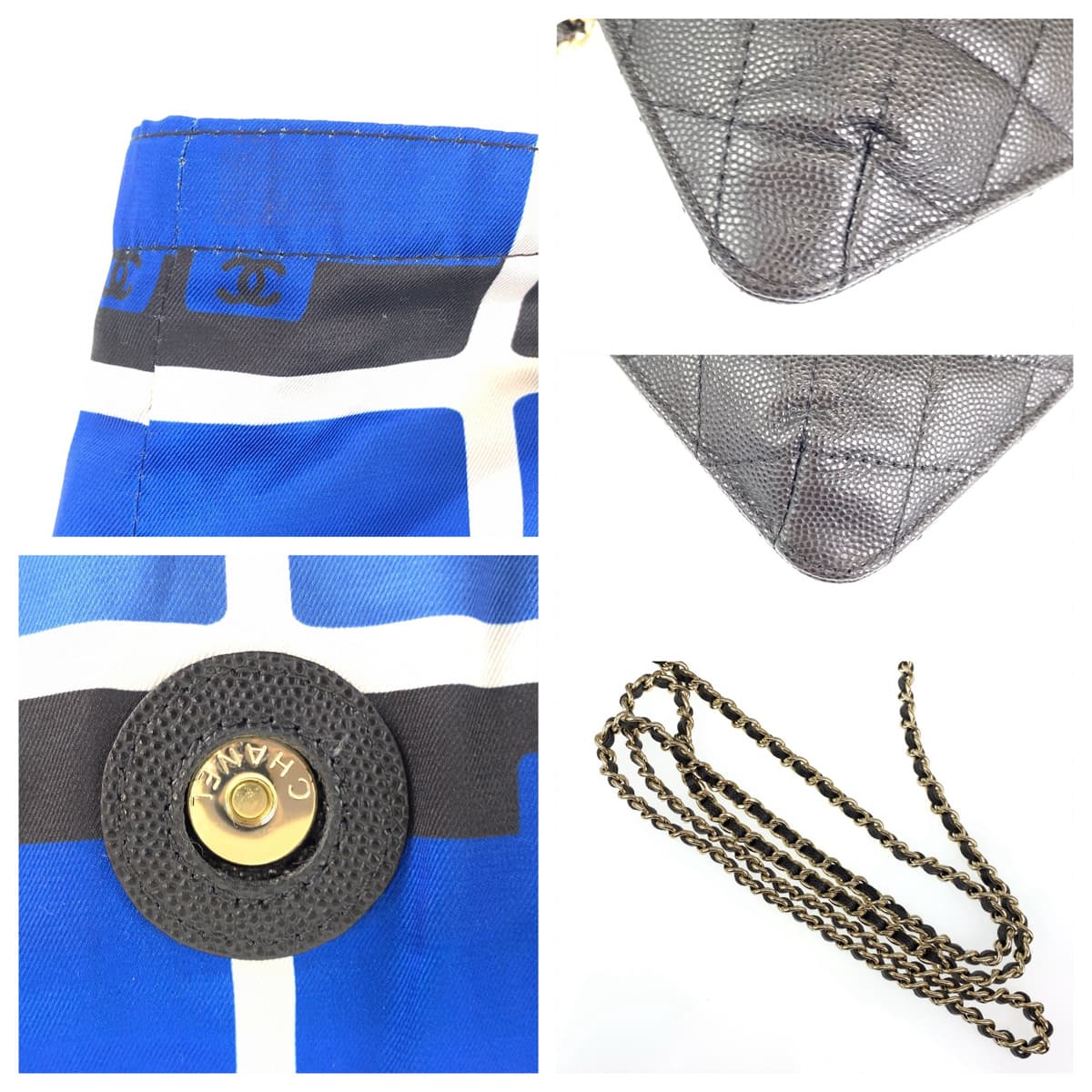 CHANEL シャネル ヴィンテージ ミニマトラッセ ココマーク ブラック 黒 ブルー 青 キャビアスキン / ナイロン エコバッグ 折り畳み チェーンショルダ  レディース