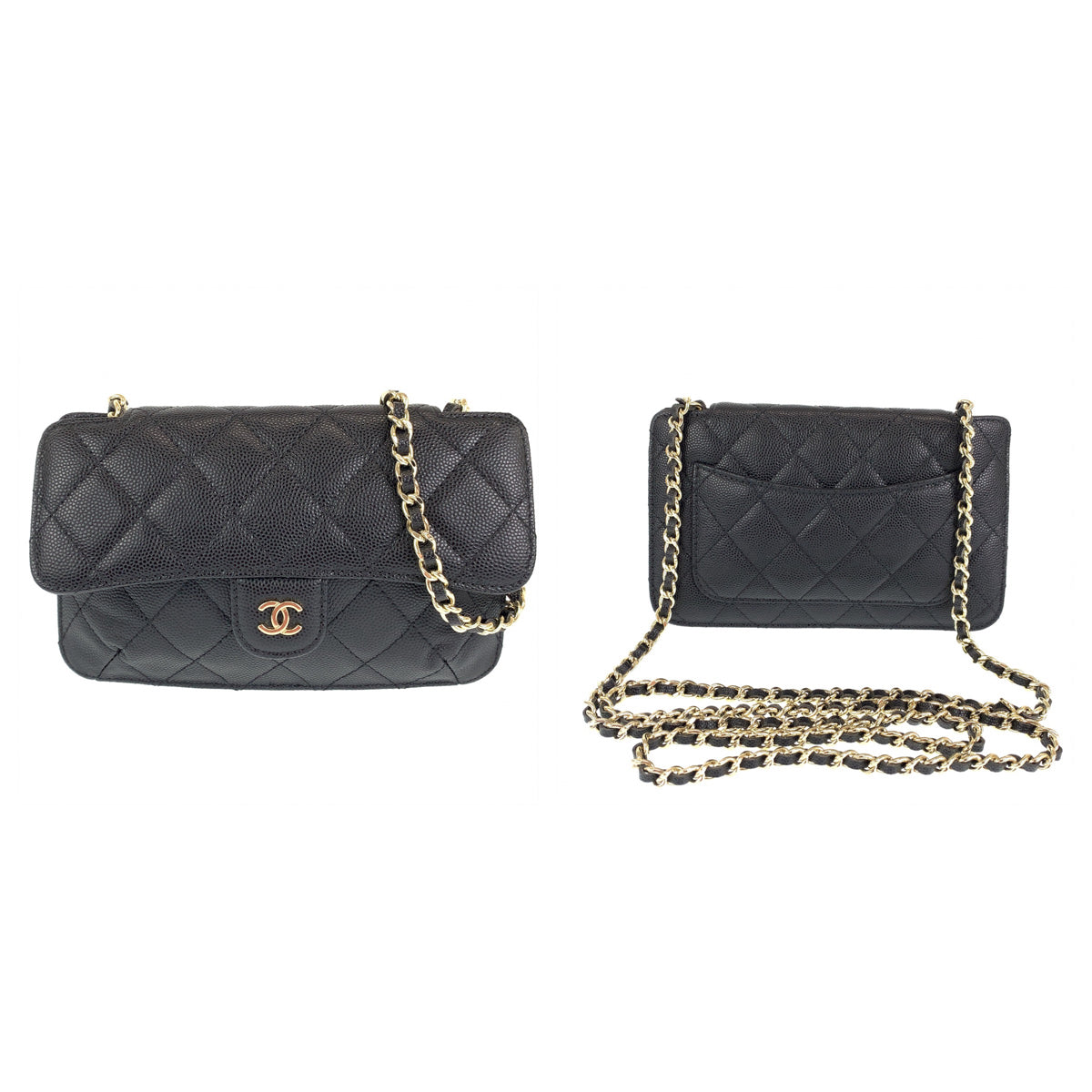 CHANEL シャネル ヴィンテージ ミニマトラッセ ココマーク ブラック 黒 ブルー 青 キャビアスキン / ナイロン エコバッグ 折り畳み チェーンショルダ  レディース