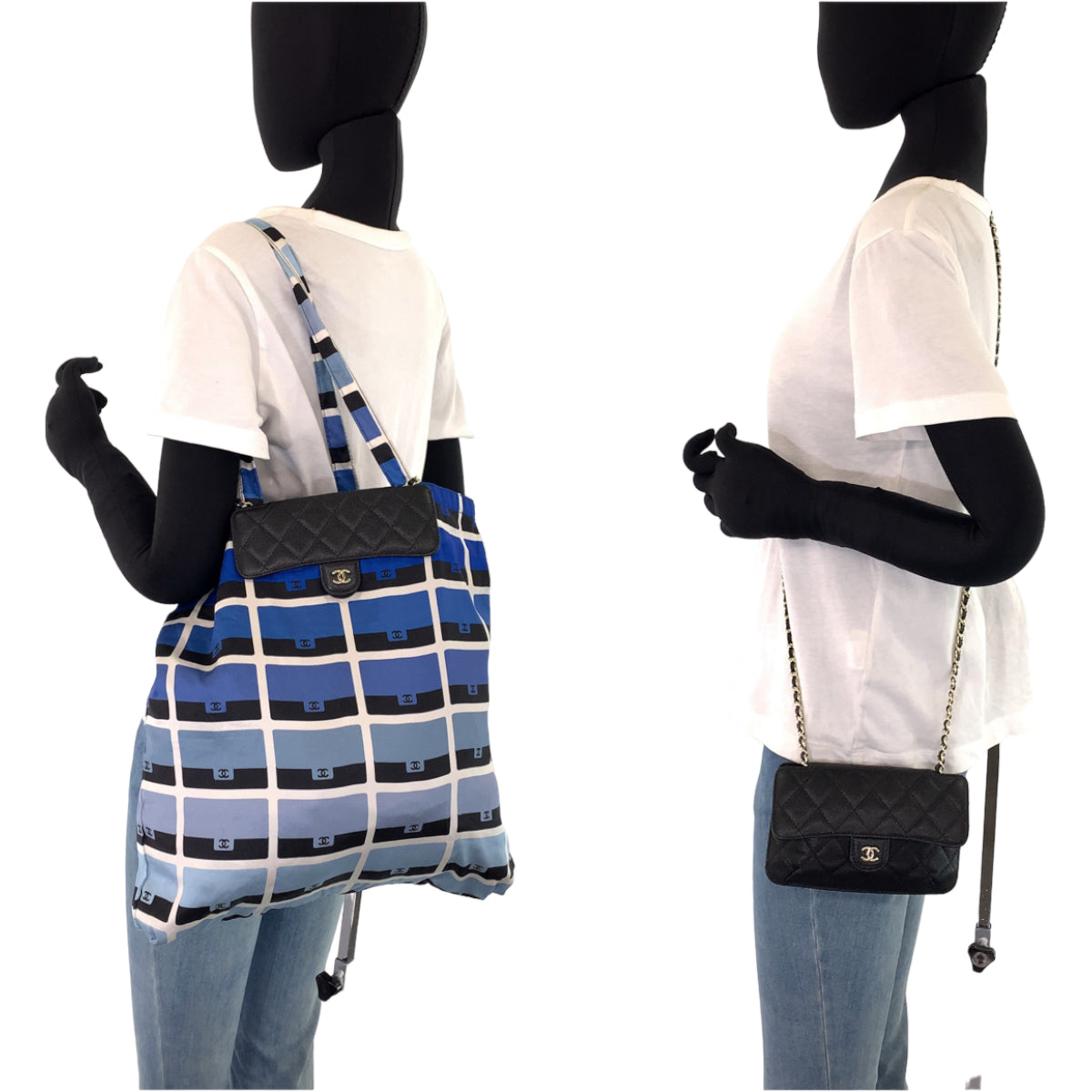 CHANEL シャネル ヴィンテージ ミニマトラッセ ココマーク ブラック 黒 ブルー 青 キャビアスキン / ナイロン エコバッグ 折り畳み チェーンショルダ  レディース