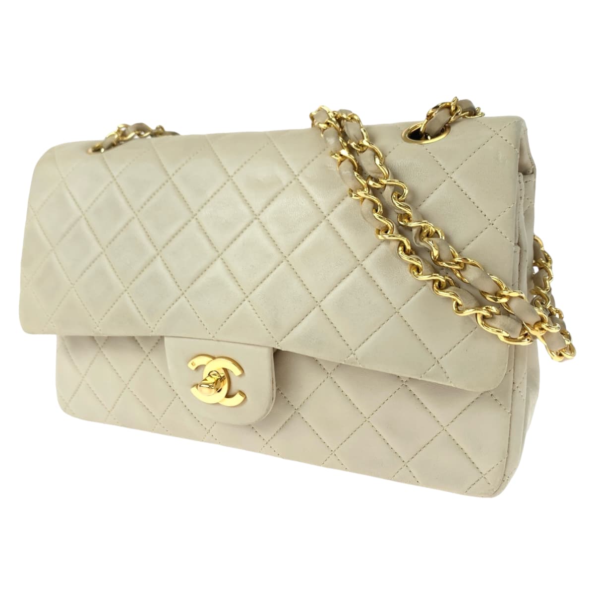 CHANEL シャネル ヴィンテージ マトラッセ25 ダブルフラップ ココマーク ターンロック ベージュ ゴールド金具 ラムスキン Wチェーンショルダーバッグ 肩掛け  レディース