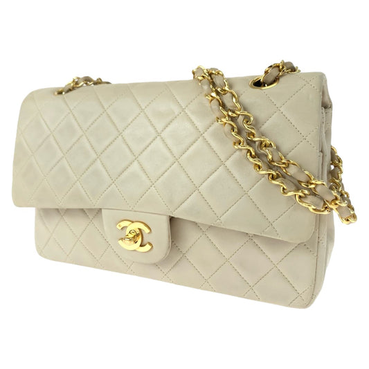CHANEL シャネル ヴィンテージ マトラッセ25 ダブルフラップ ココマーク ターンロック ベージュ ゴールド金具 ラムスキン Wチェーンショルダーバッグ 肩掛け  レディース