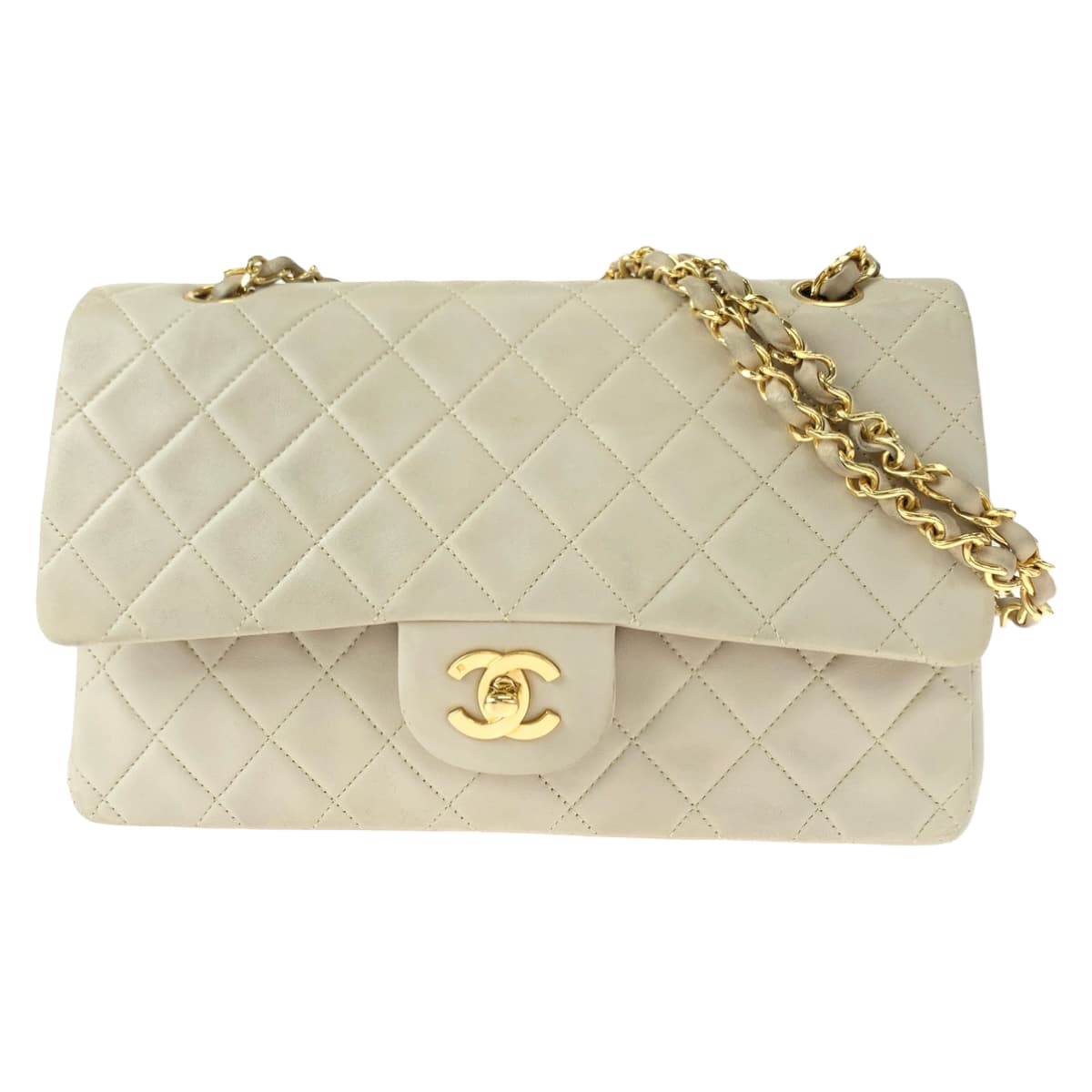 CHANEL シャネル ヴィンテージ マトラッセ25 ダブルフラップ ココマーク ターンロック ベージュ ゴールド金具 ラムスキン Wチェーンショルダーバッグ 肩掛け  レディース