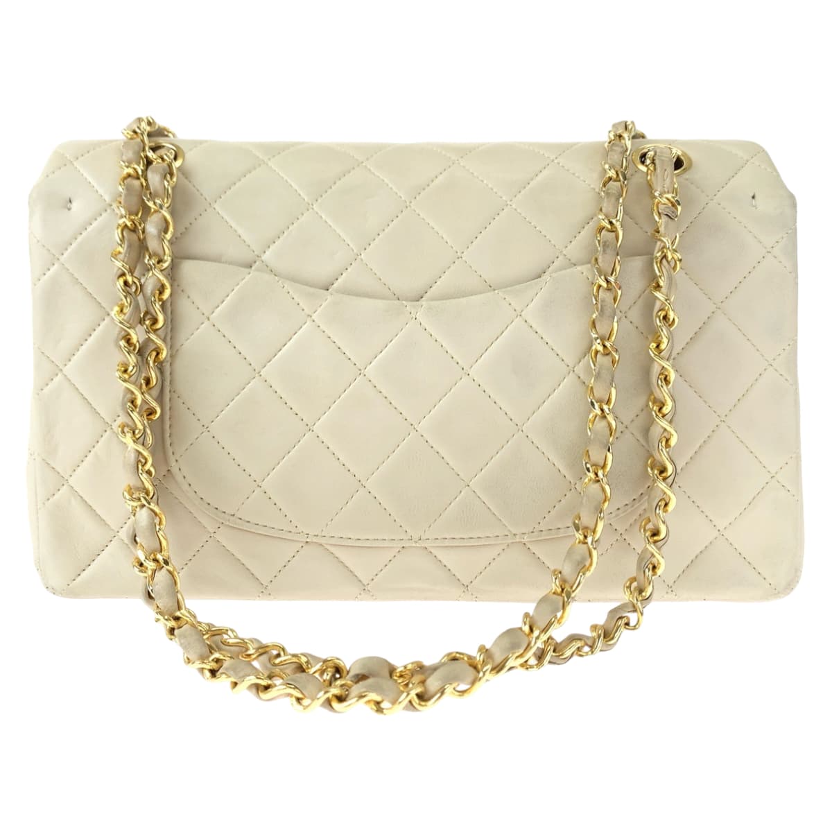 CHANEL シャネル ヴィンテージ マトラッセ25 ダブルフラップ ココマーク ターンロック ベージュ ゴールド金具 ラムスキン Wチェーンショルダーバッグ 肩掛け  レディース