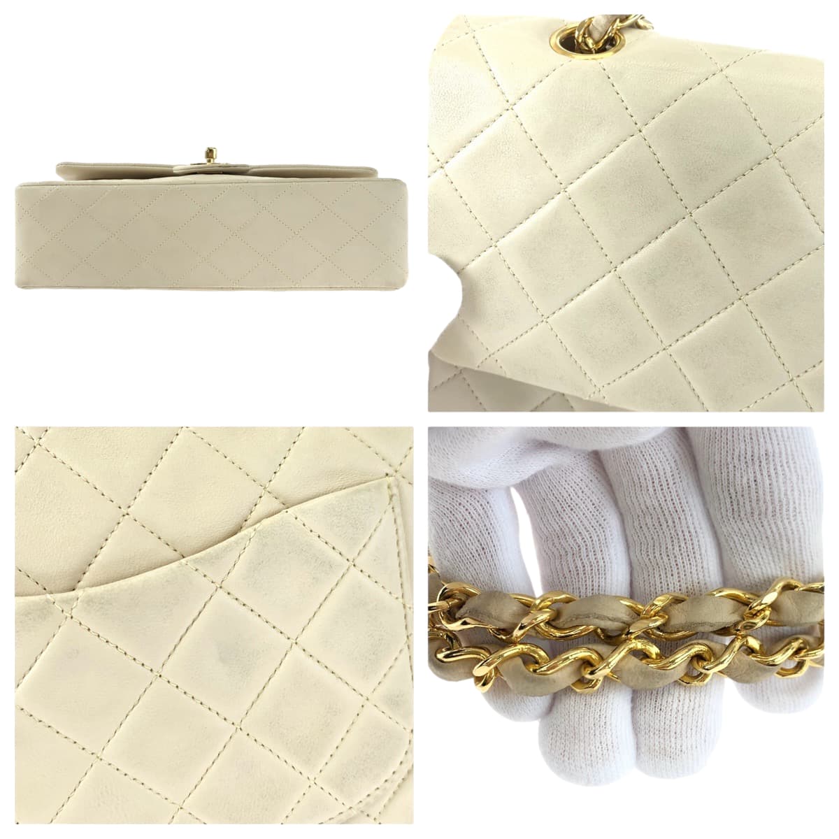 CHANEL シャネル ヴィンテージ マトラッセ25 ダブルフラップ ココマーク ターンロック ベージュ ゴールド金具 ラムスキン Wチェーンショルダーバッグ 肩掛け  レディース
