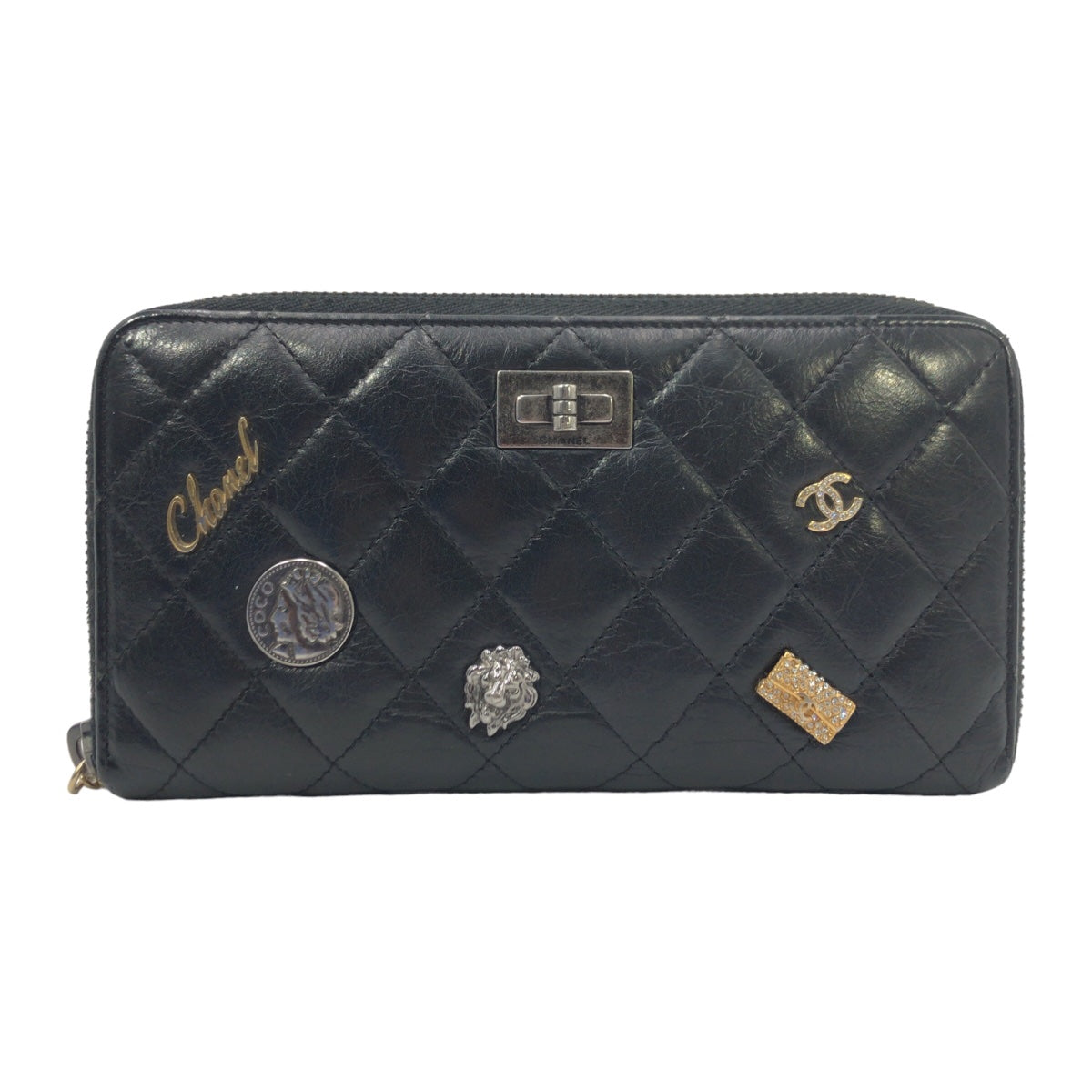 CHANEL シャネル マトラッセ エンブロイダリー 2.55 ココマーク ブラック 黒 シルバー金具 ラムスキン 長財布 ラウンドファスナー ラウンドジップ  レディース