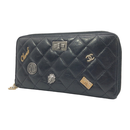 CHANEL シャネル マトラッセ エンブロイダリー 2.55 ココマーク ブラック 黒 シルバー金具 ラムスキン 長財布 ラウンドファスナー ラウンドジップ  レディース