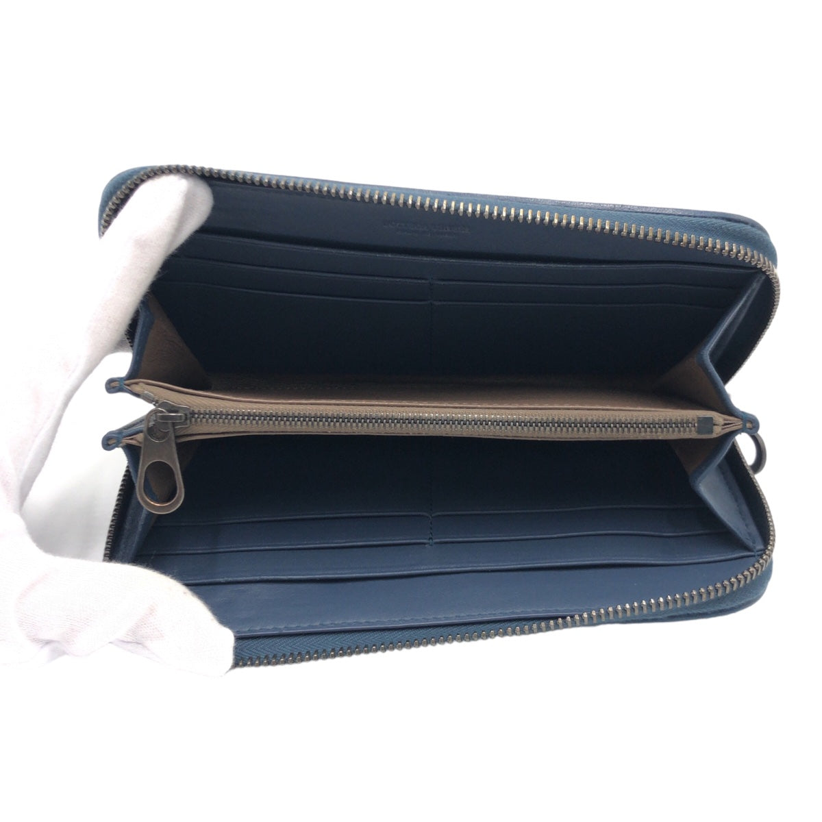 BOTTEGAVENETA ボッテガヴェネタ マイクロマクロ ブルー デニム トルマリン / ラムレザー 長財布 ラウンドファスナー  メンズ
