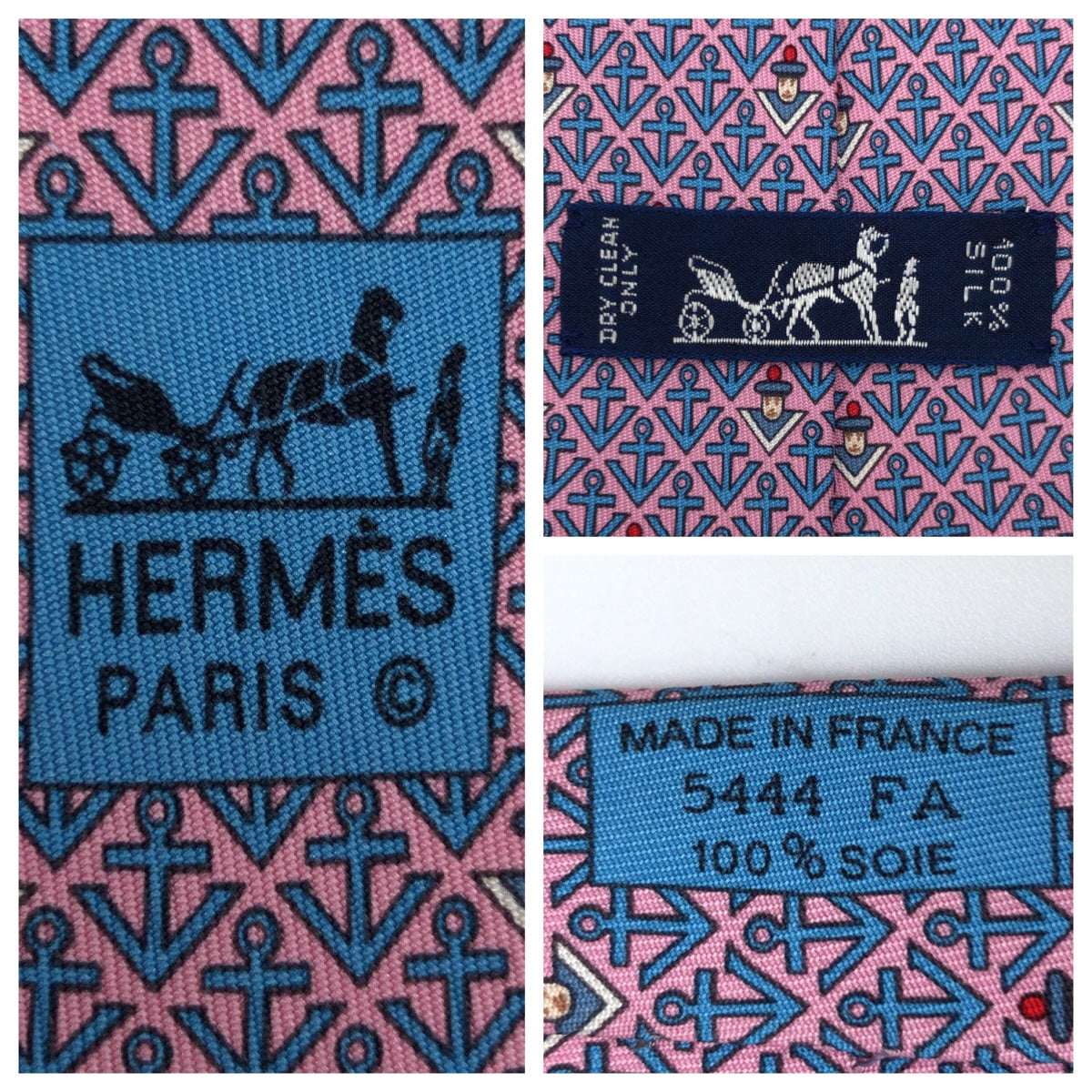 HERMES エルメス イカリ 水兵柄 ピンク ブルー 青 シルク 5444 FA ネクタイ 剣先9cm  メンズ