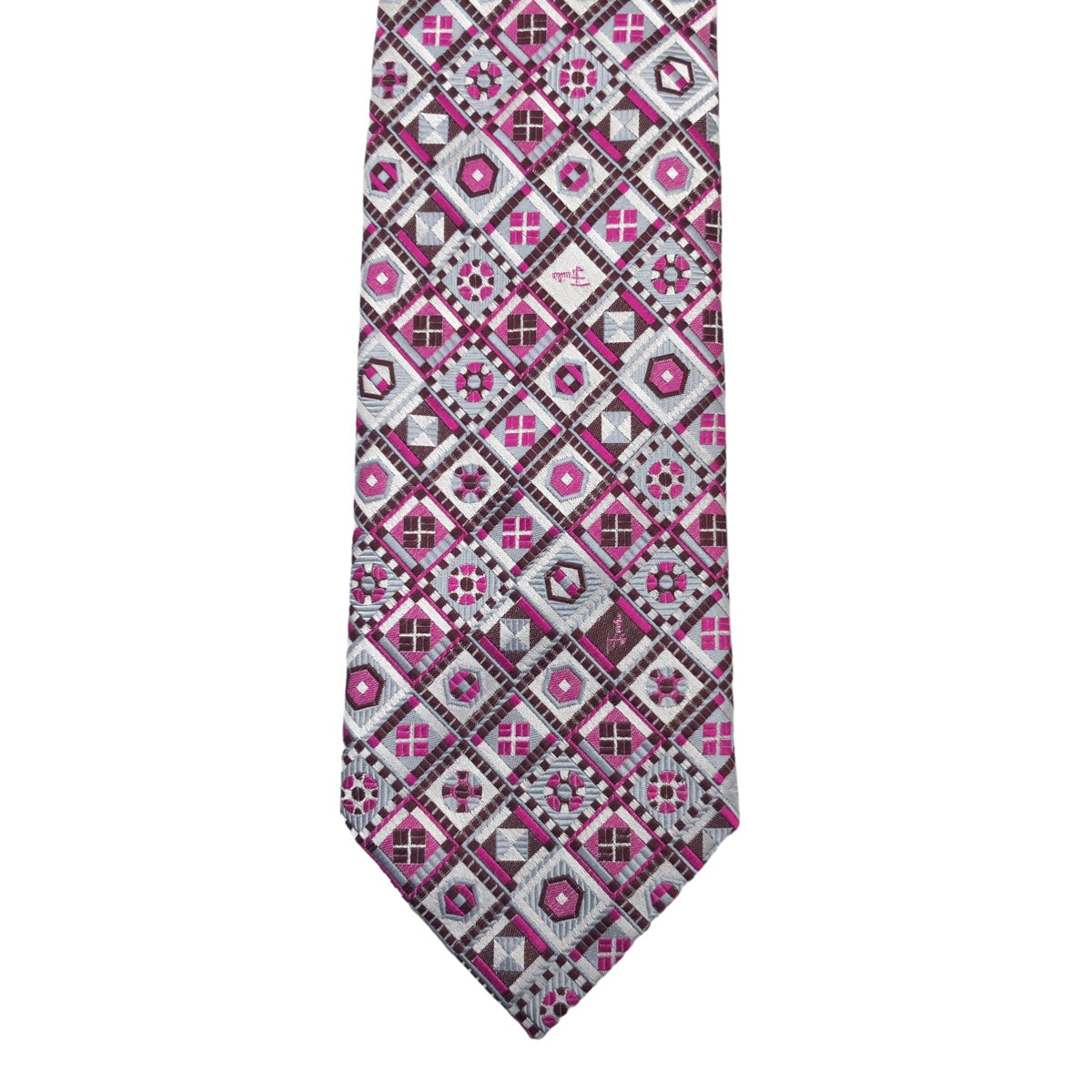 Emilio Pucci エミリオ・プッチ 総柄 ピンク　シルバー シルク ネクタイ 剣先9cm  メンズ