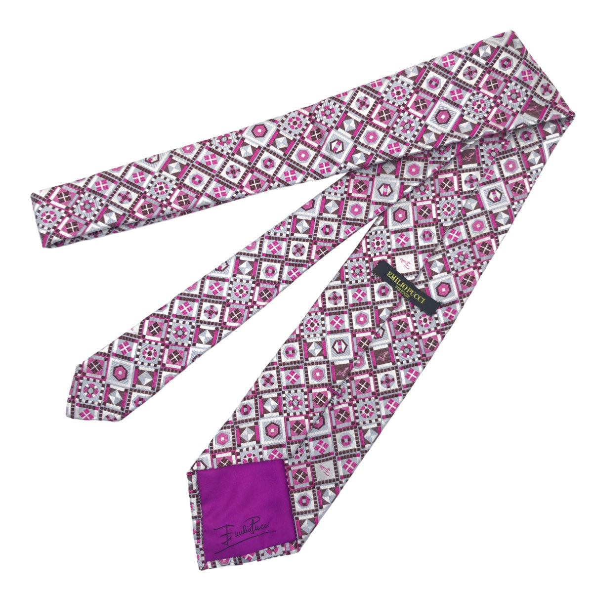 Emilio Pucci エミリオ・プッチ 総柄 ピンク　シルバー シルク ネクタイ 剣先9cm  メンズ
