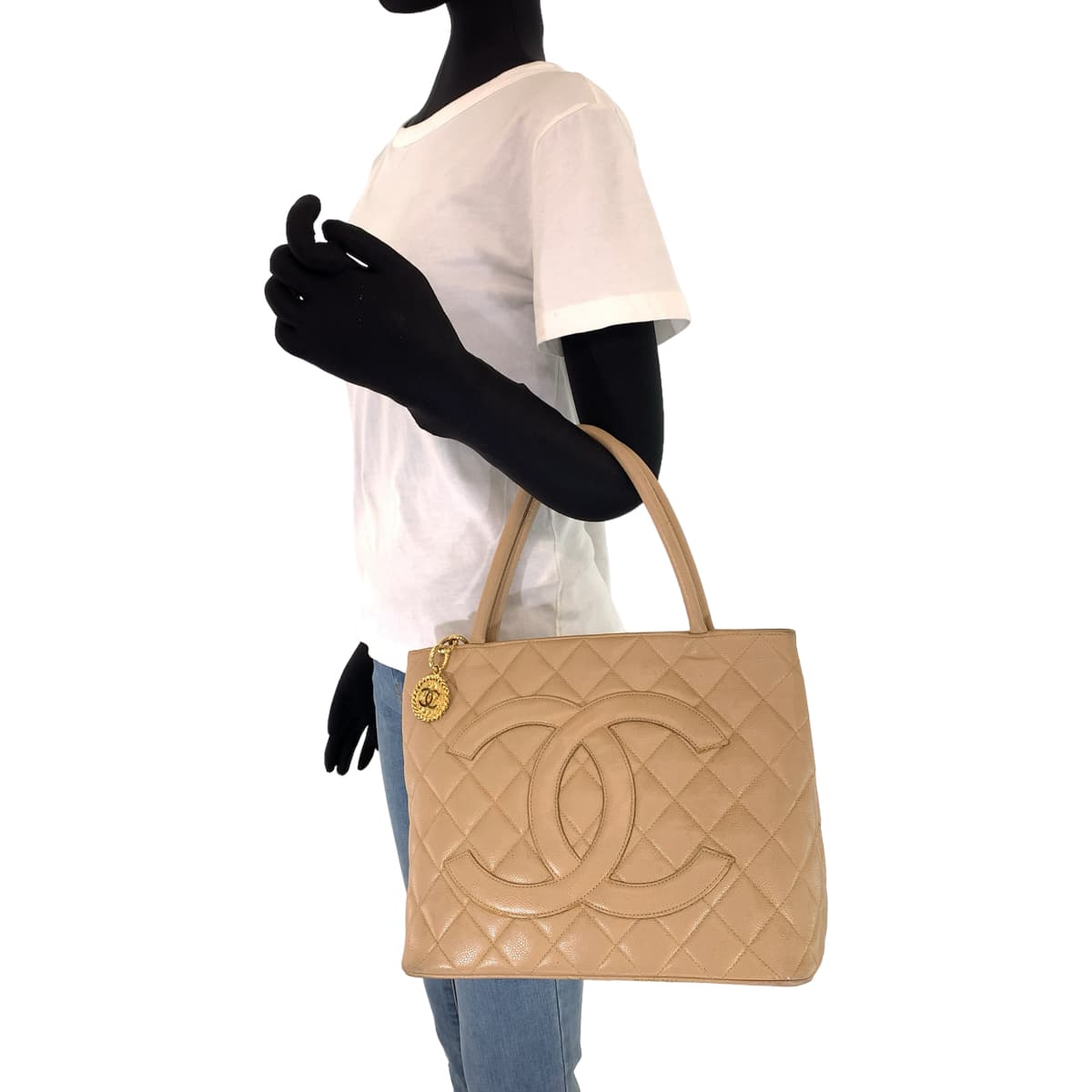 CHANEL シャネル ヴィンテージ 復刻トート ココマーク メダリオン ベージュ ゴールド金具 キャビアスキン トートバッグ ハンドバッグ  レディース
