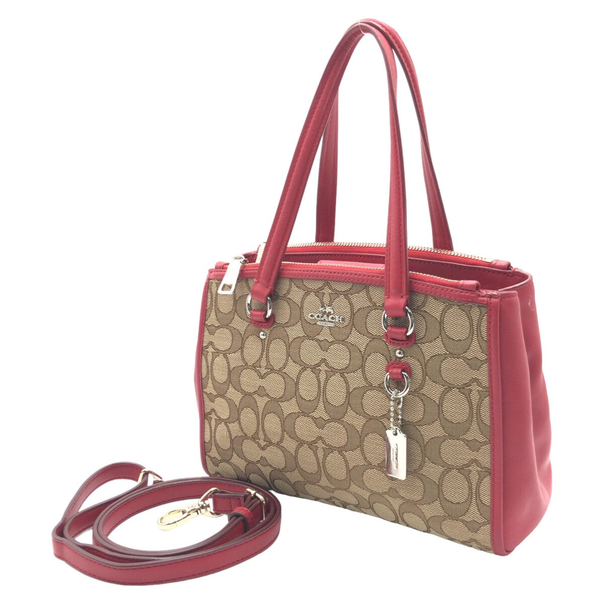 COACH コーチ シグネチャー レッド 赤 ブラウン 茶 シルバー金具 キャンバス F36905 ショルダーバッグ トートバッグ 2way  レディース