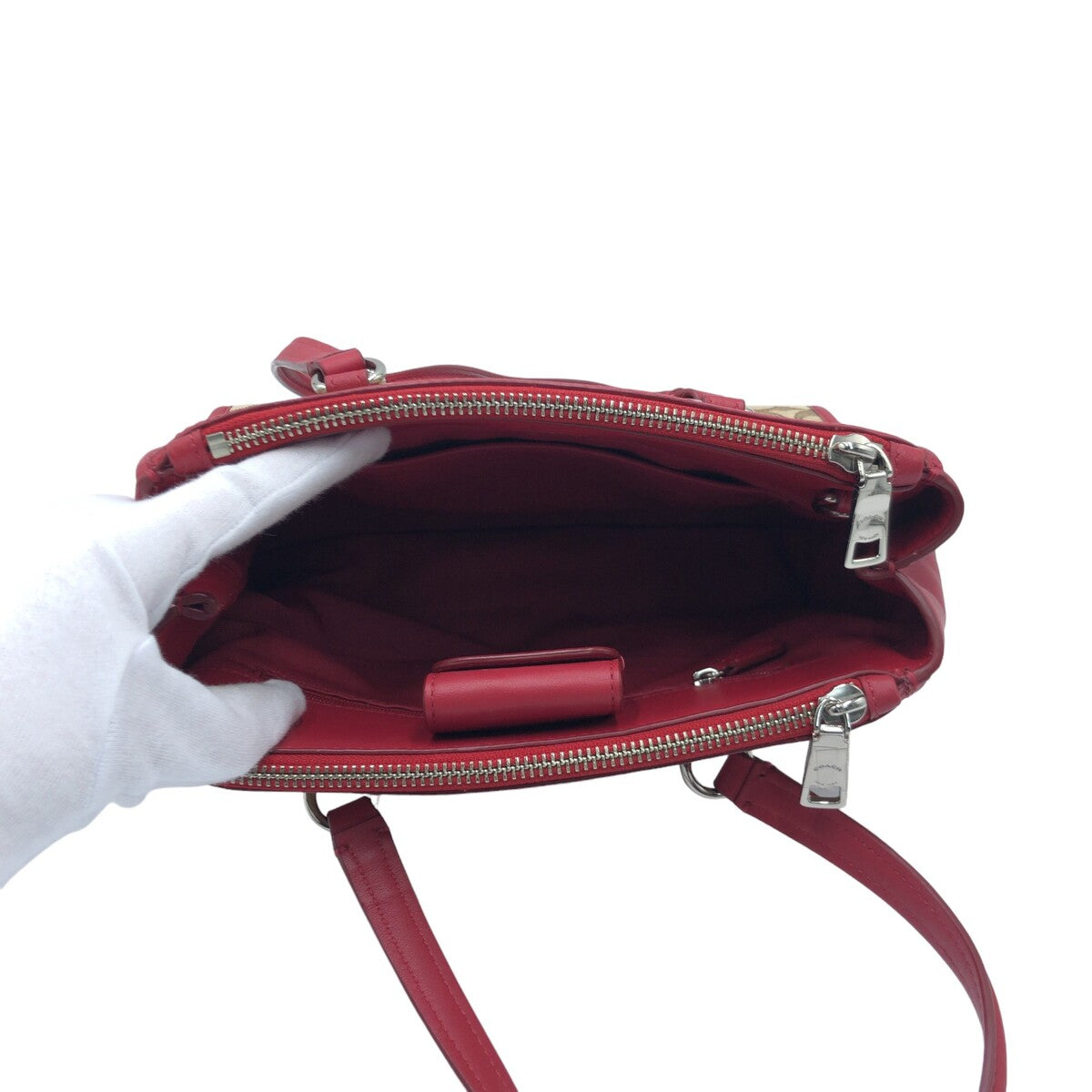 COACH コーチ シグネチャー レッド 赤 ブラウン 茶 シルバー金具 キャンバス F36905 ショルダーバッグ トートバッグ 2way  レディース