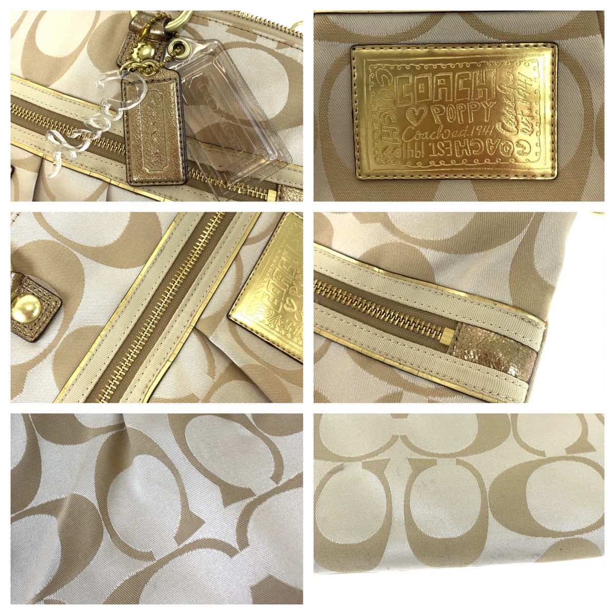 COACH コーチ ポピー シグネチャー ベージュ ゴールド サテン 15316 トートバッグ ハンドバッグ  レディース