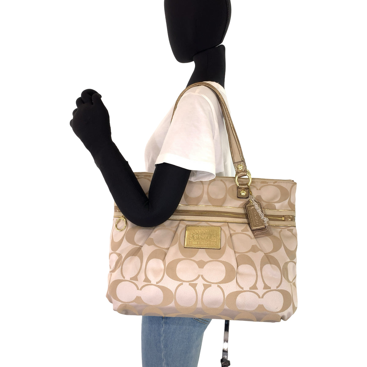 COACH コーチ ポピー シグネチャー ベージュ ゴールド サテン 15316 トートバッグ ハンドバッグ  レディース