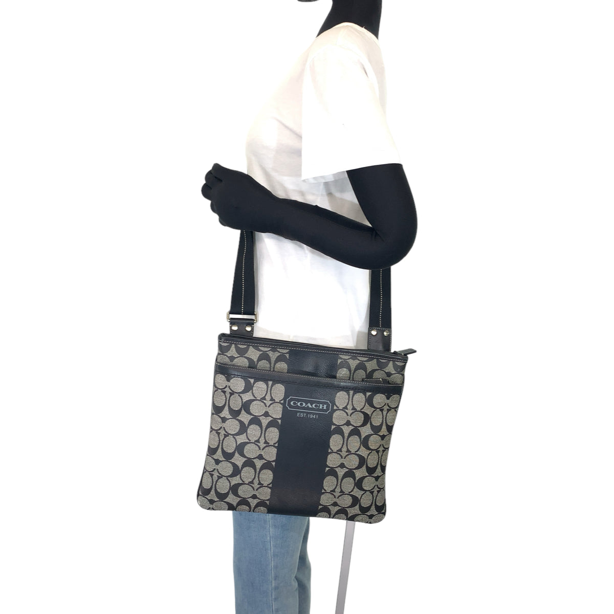 COACH コーチ シグネチャー ヘリテージ ストライプ ブラック 黒 レザー F70591 ショルダーバッグ 斜め掛け  レディース