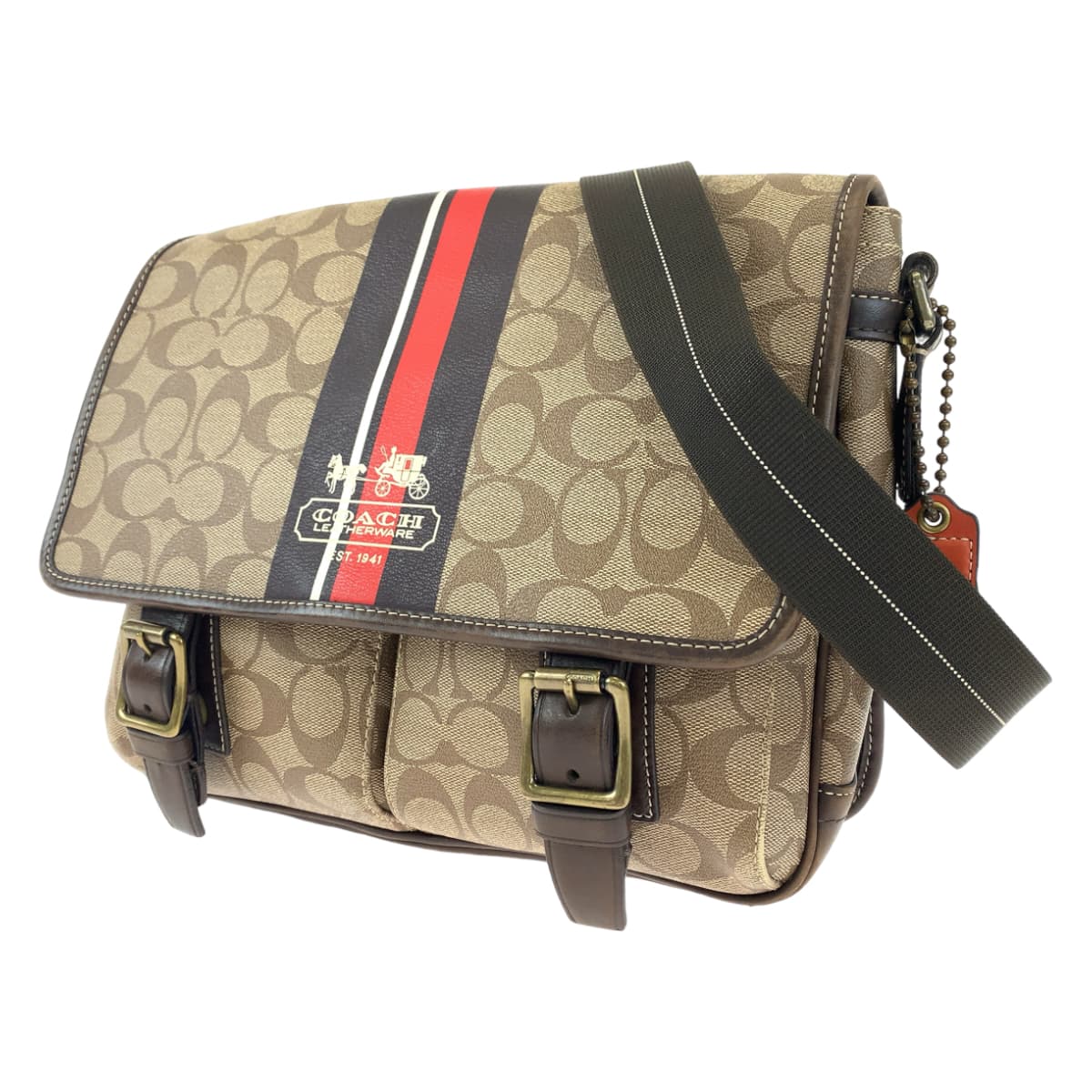 COACH コーチ シグネチャー ヘリテージ ストライプ ブラウン 茶 ゴールド金具 PVC F70077 ショルダーバッグ 斜め掛け  メンズ
