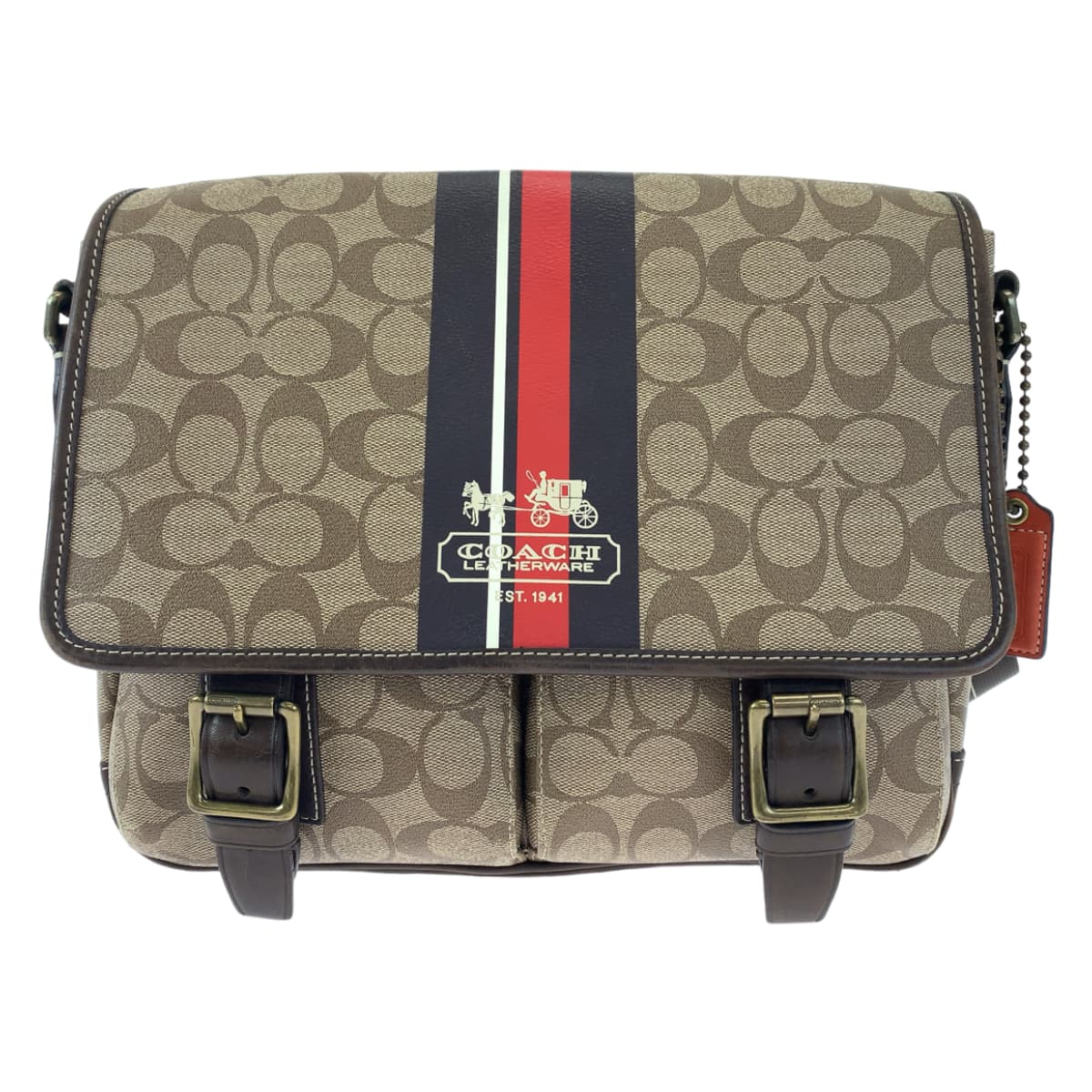 COACH コーチ シグネチャー ヘリテージ ストライプ ブラウン 茶 ゴールド金具 PVC F70077 ショルダーバッグ 斜め掛け  メンズ