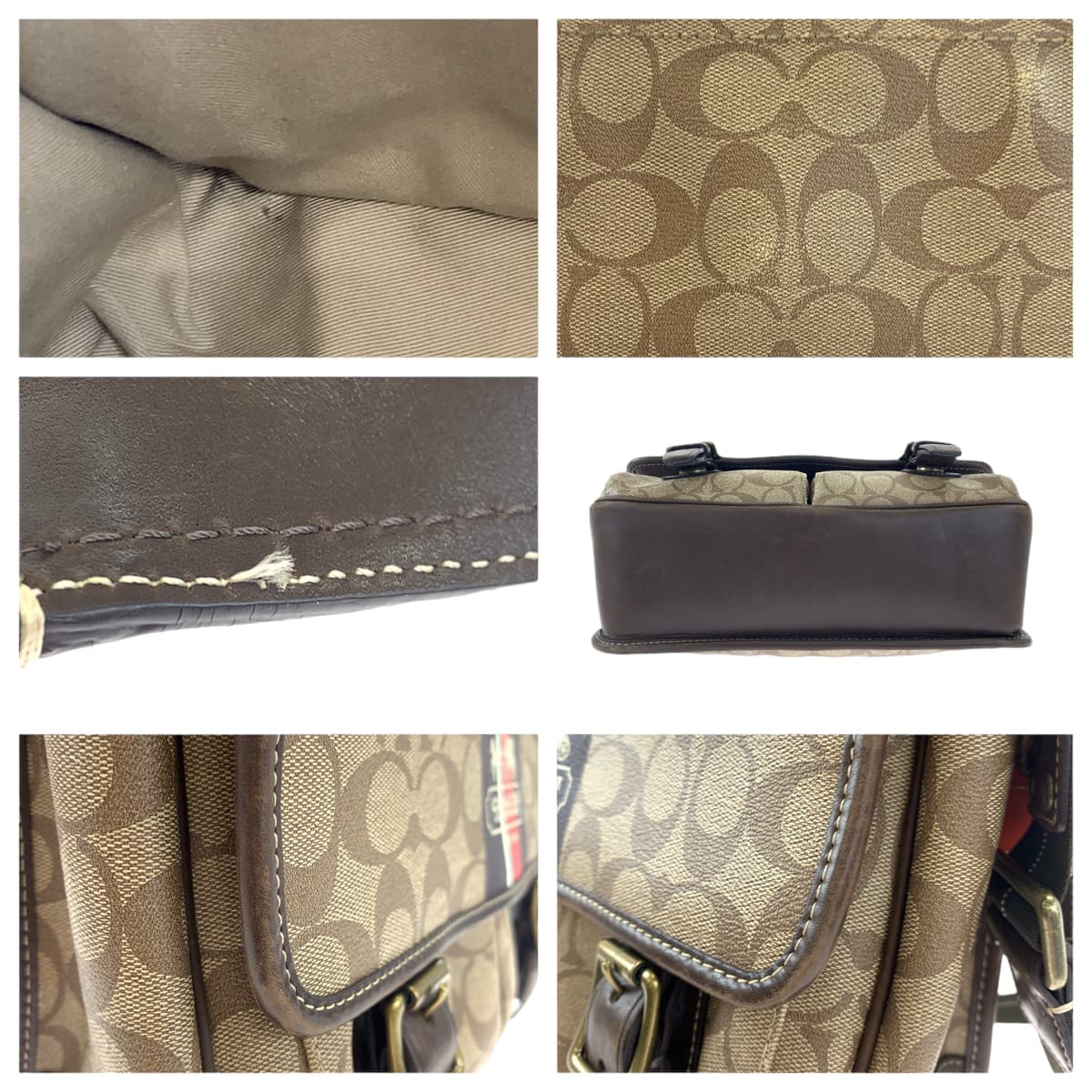 COACH コーチ シグネチャー ヘリテージ ストライプ ブラウン 茶 ゴールド金具 PVC F70077 ショルダーバッグ 斜め掛け  メンズ