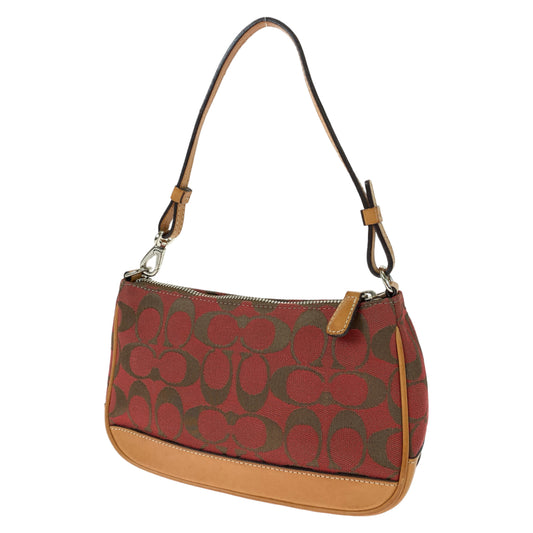 COACH コーチ シグネチャー レッド 赤 ブラウン 茶 キャンバス / レザー 6094 ハンドバッグ アクセサリーポーチ  レディース
