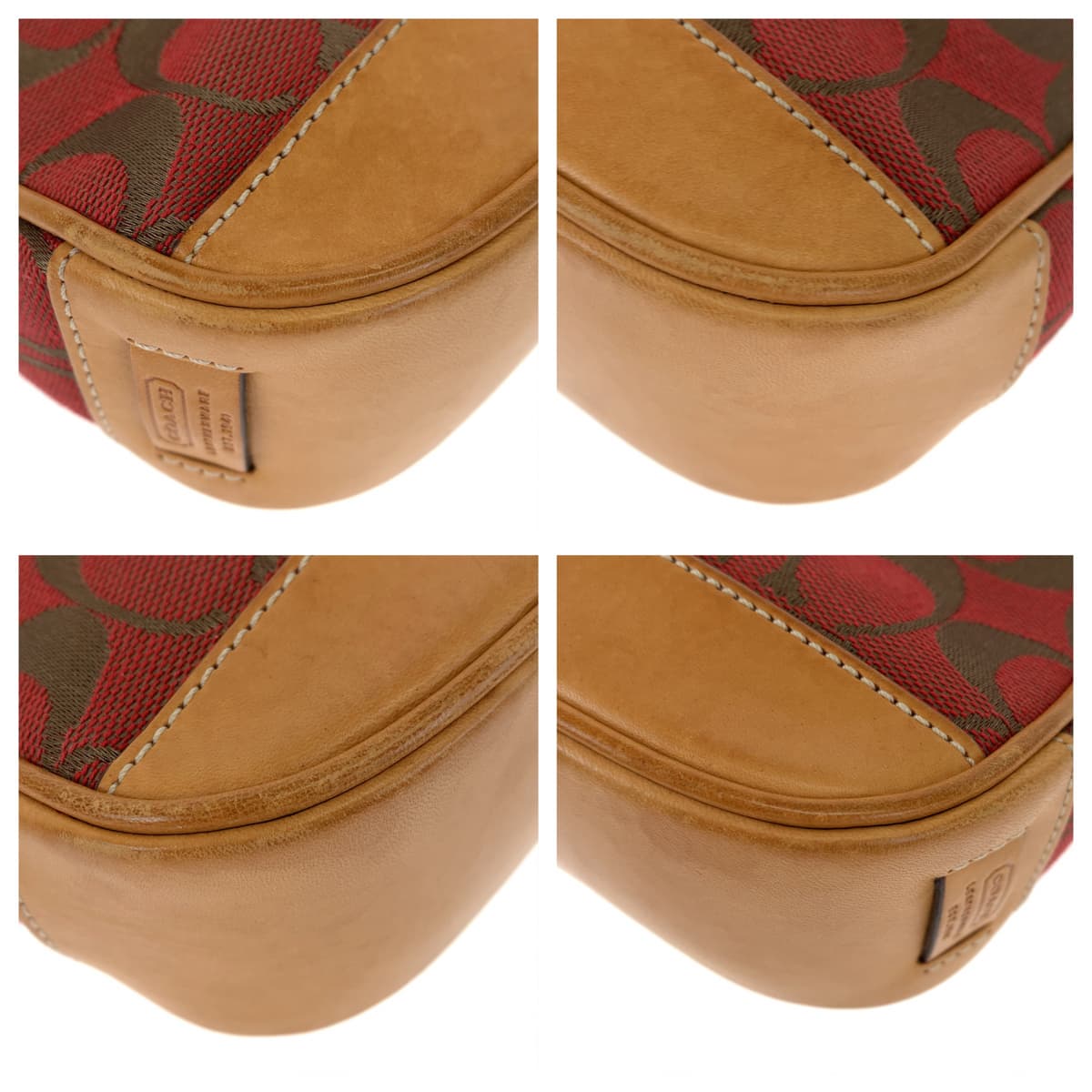 COACH コーチ シグネチャー レッド 赤 ブラウン 茶 キャンバス / レザー 6094 ハンドバッグ アクセサリーポーチ  レディース