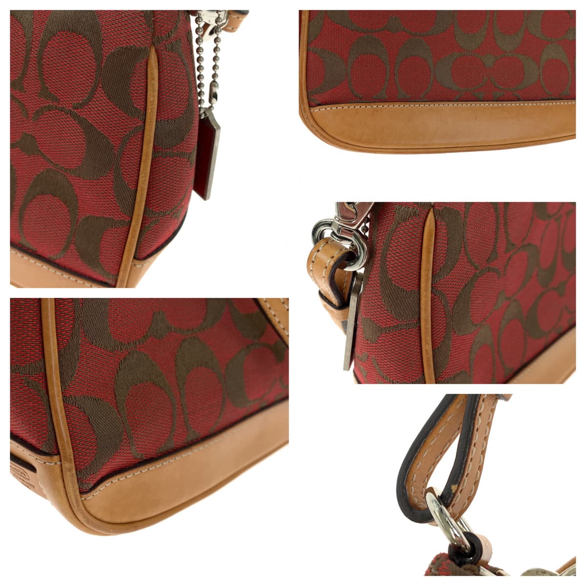 COACH コーチ シグネチャー レッド 赤 ブラウン 茶 キャンバス / レザー 6094 ハンドバッグ アクセサリーポーチ  レディース