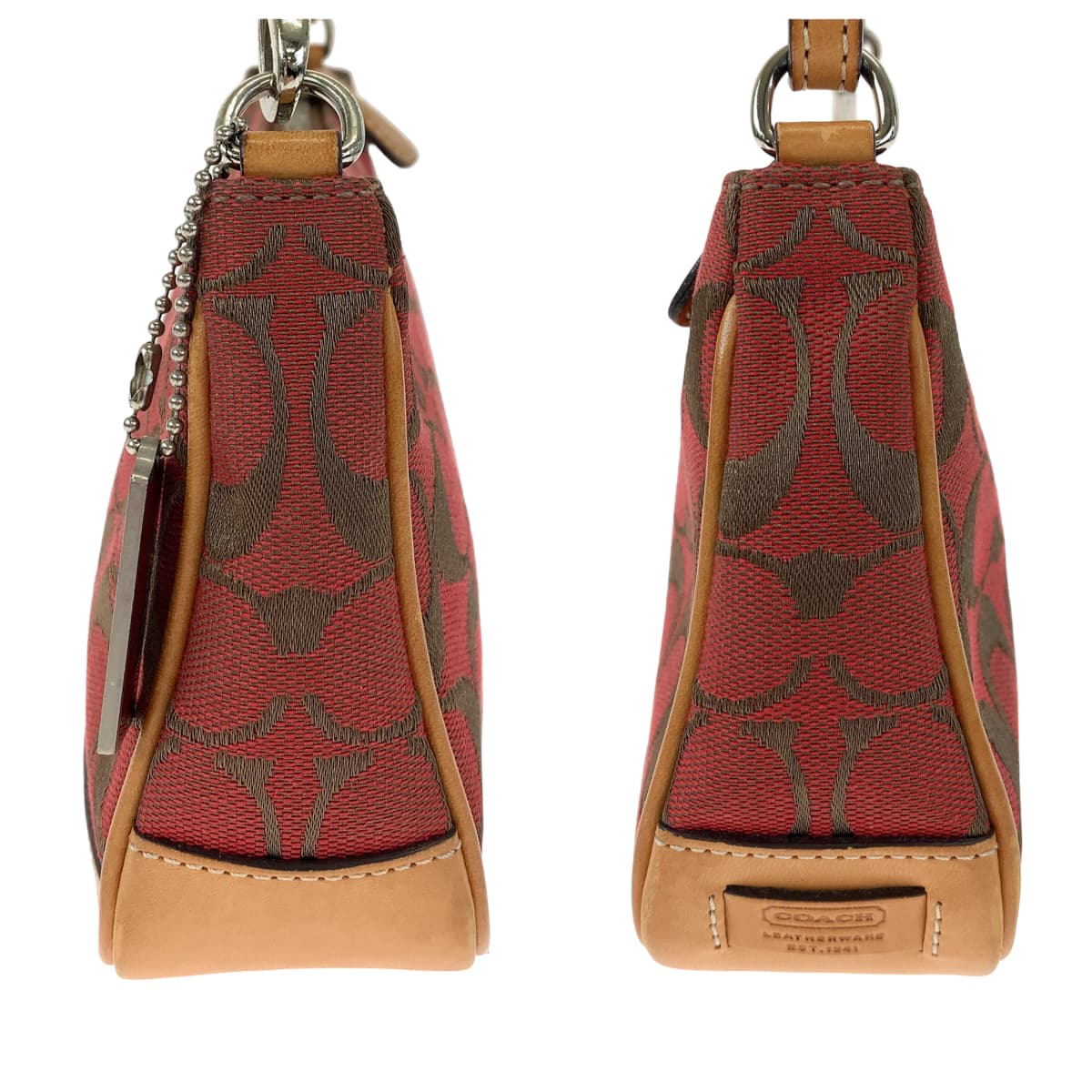 COACH コーチ シグネチャー レッド 赤 ブラウン 茶 キャンバス / レザー 6094 ハンドバッグ アクセサリーポーチ  レディース