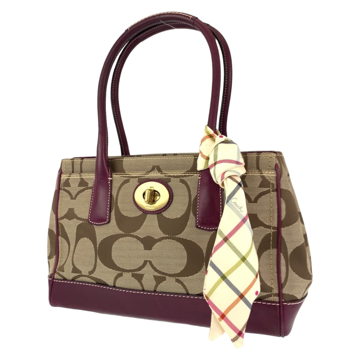 COACH コーチ シグネチャー スカーフ付き パープル 紫 ブラウン 茶 キャンバス 12463 トートバッグ ハンドバッグ  レディース