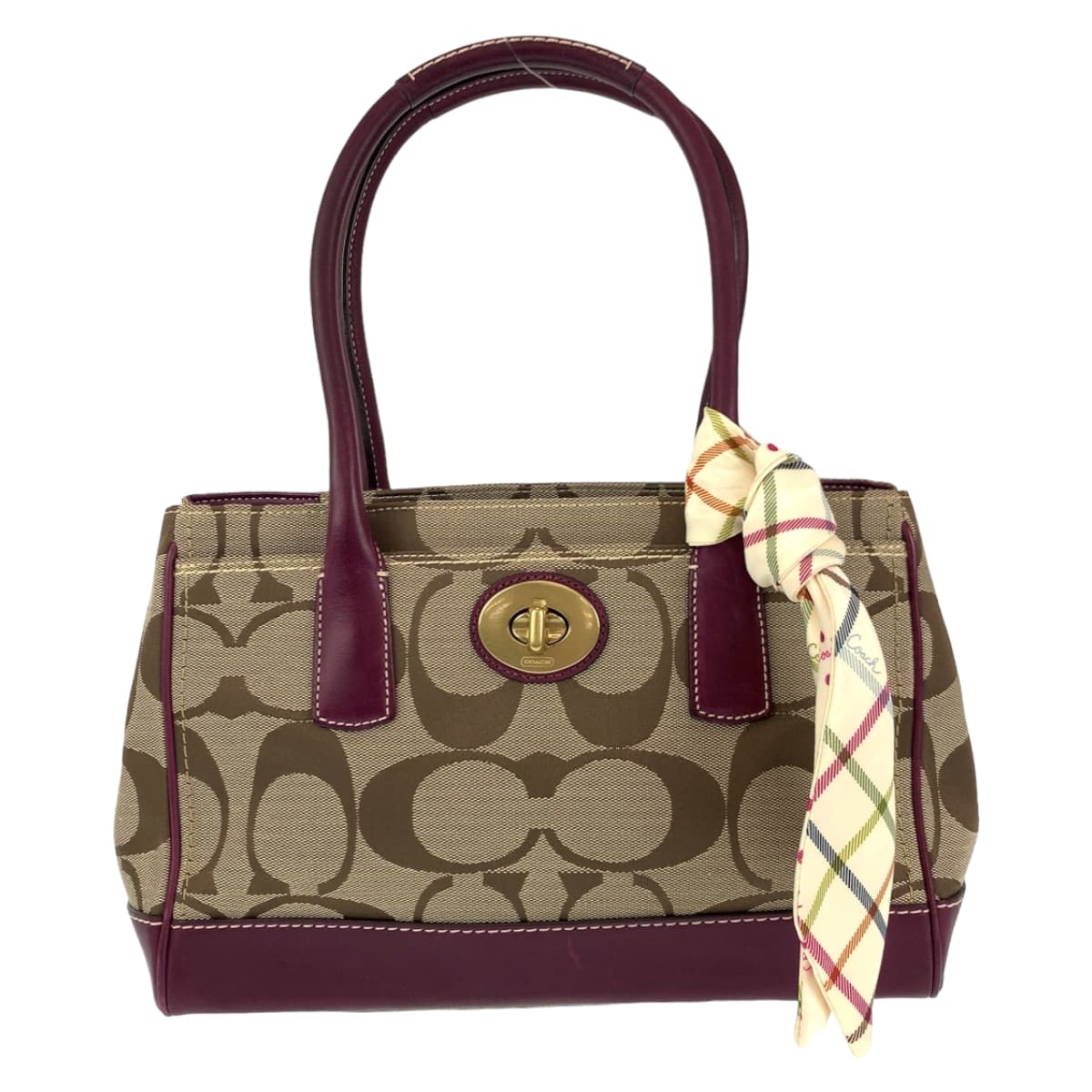 COACH コーチ シグネチャー スカーフ付き パープル 紫 ブラウン 茶 キャンバス 12463 トートバッグ ハンドバッグ  レディース