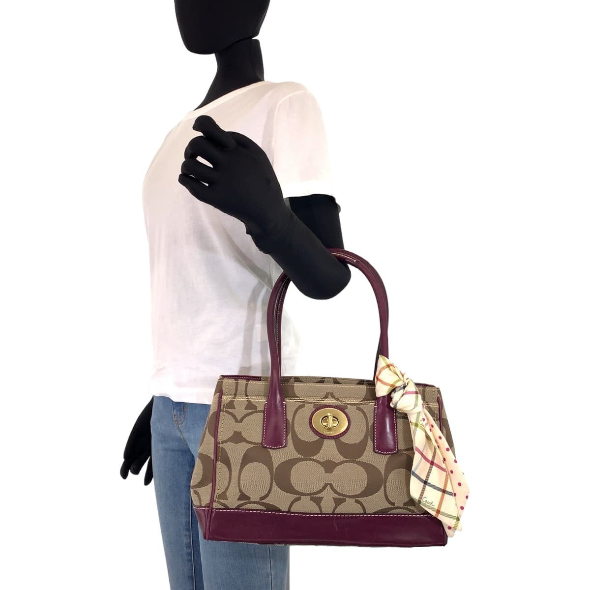 COACH コーチ シグネチャー スカーフ付き パープル 紫 ブラウン 茶 キャンバス 12463 トートバッグ ハンドバッグ  レディース