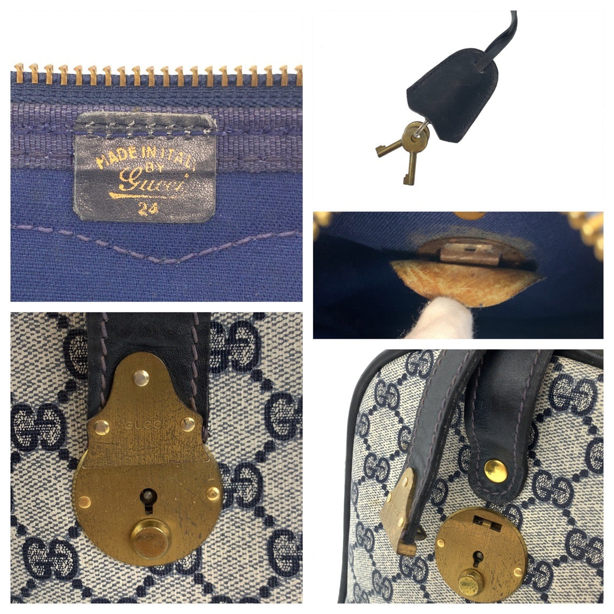 GUCCI グッチ オールドグッチ シェリーライン ネイビー 紺 グレー PVC ボストンバッグ 旅行バッグ  レディース