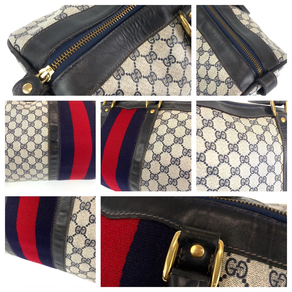 GUCCI グッチ オールドグッチ シェリーライン ネイビー 紺 グレー PVC ボストンバッグ 旅行バッグ  レディース