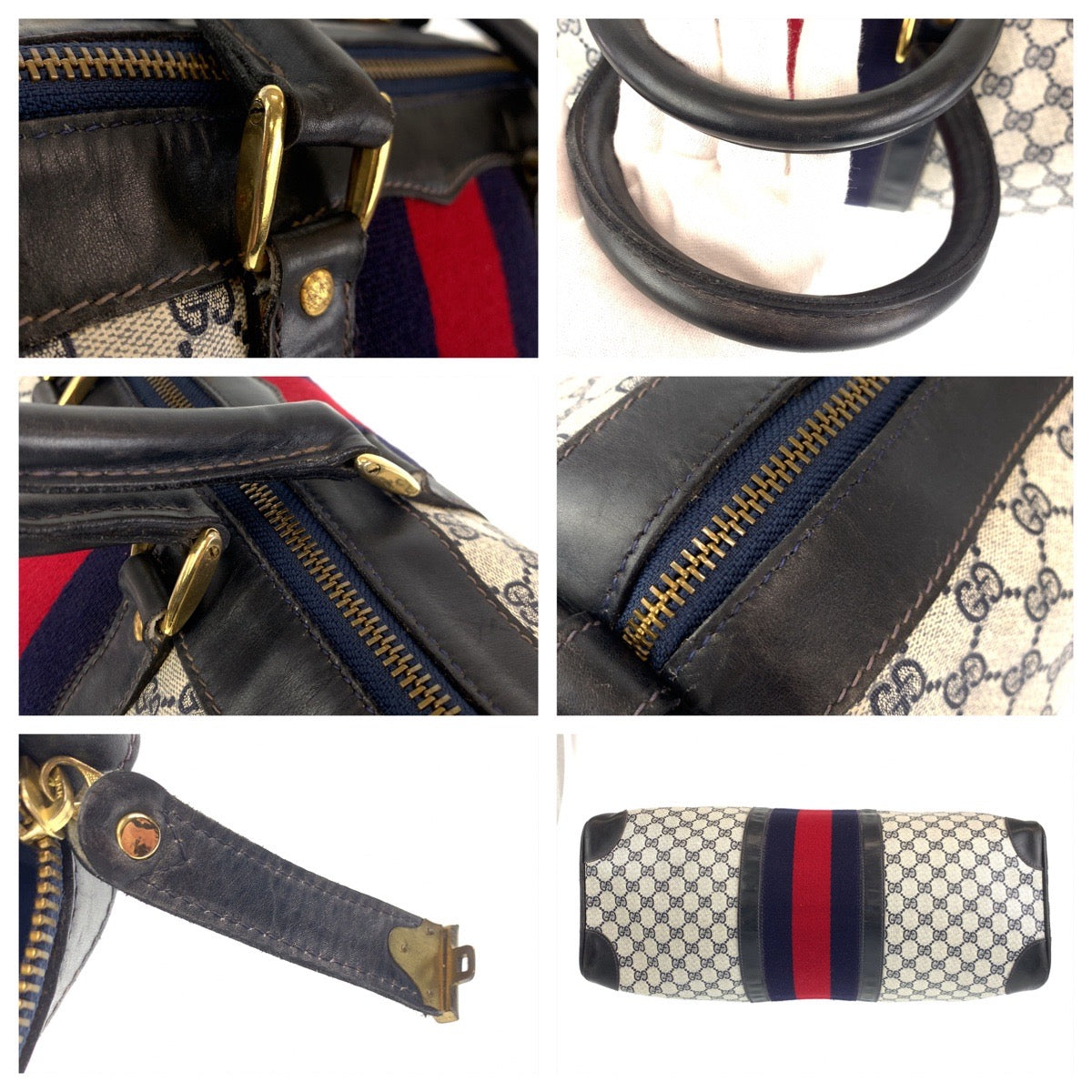 GUCCI グッチ オールドグッチ シェリーライン ネイビー 紺 グレー PVC ボストンバッグ 旅行バッグ  レディース