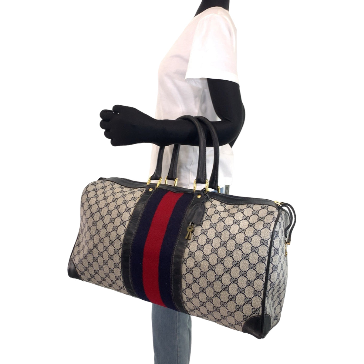 GUCCI グッチ オールドグッチ シェリーライン ネイビー 紺 グレー PVC ボストンバッグ 旅行バッグ  レディース