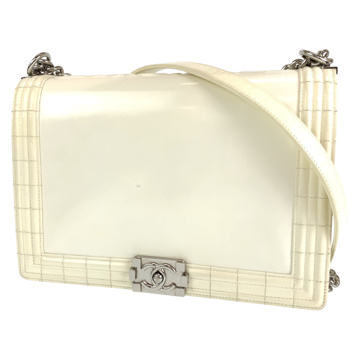 CHANEL シャネル ボーイシャネル ココマーク ホワイト 白 シルバー金具 パテントレザー チェーンショルダーバッグ 斜め掛け  レディース