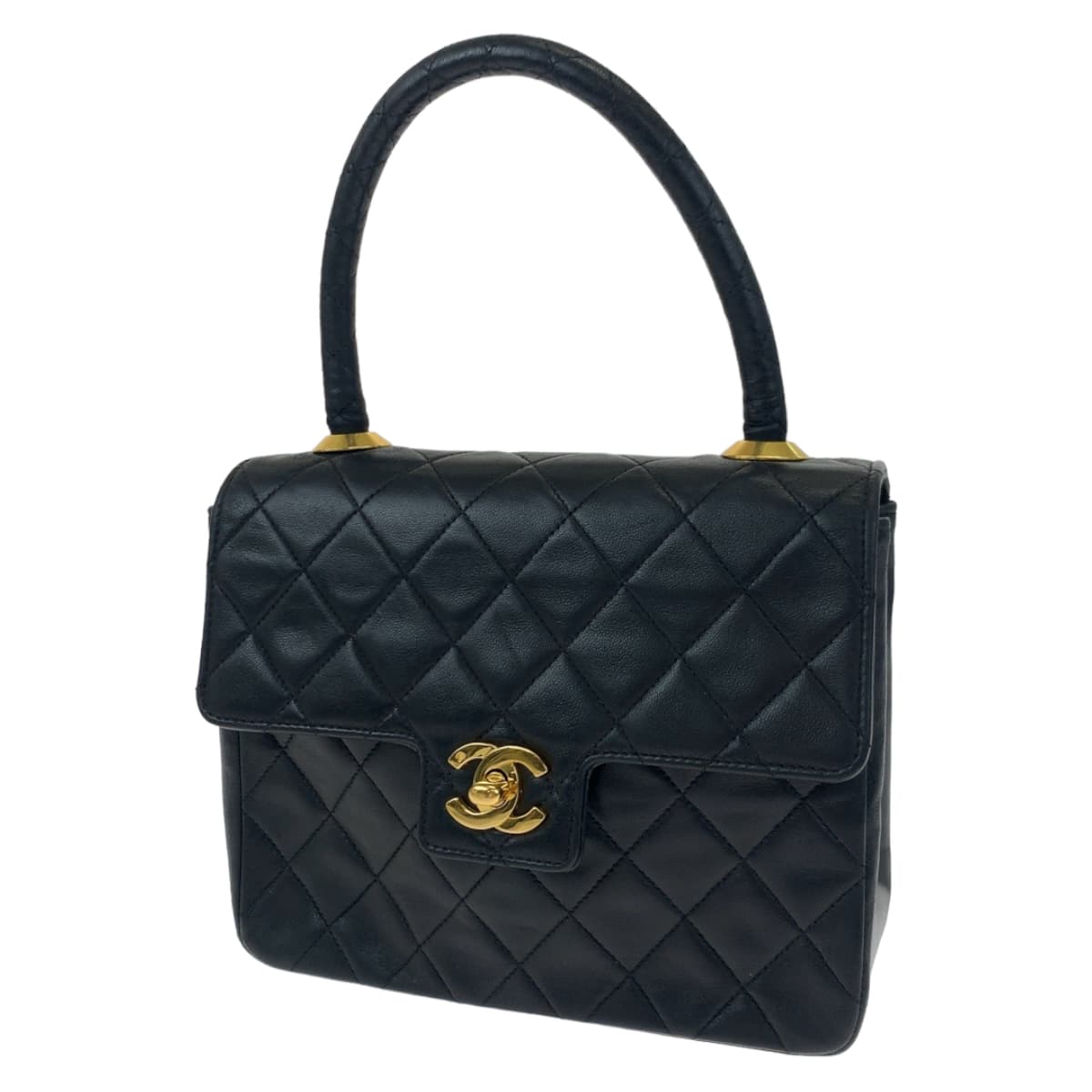 CHANEL シャネル ヴィンテージ マトラッセ ココマーク ターンロック ブラック 黒 ゴールド金具 ラムスキン ハンドバッグ アクセサリーポーチ  レディース