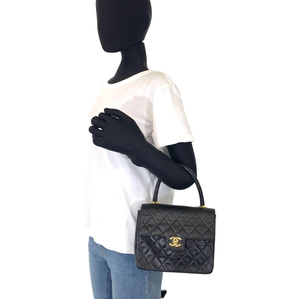 CHANEL シャネル ヴィンテージ マトラッセ ココマーク ターンロック ブラック 黒 ゴールド金具 ラムスキン ハンドバッグ アクセサリーポーチ  レディース
