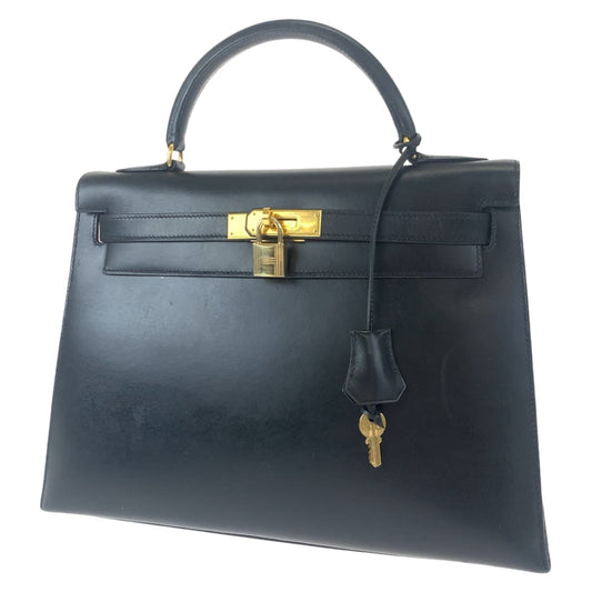 HERMES エルメス ヴィンテージ ケリー32 ブラック 黒 ゴールド金具 ボックスカーフ ハンドバッグ トートバッグ ◯A刻印  レディース