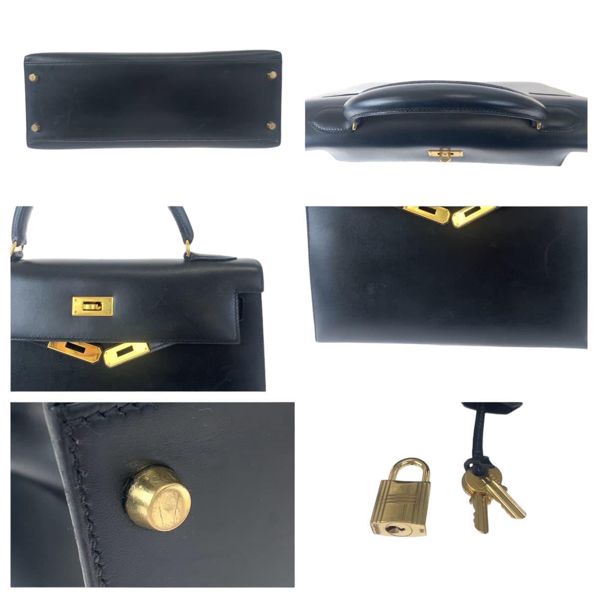 HERMES エルメス ヴィンテージ ケリー32 ブラック 黒 ゴールド金具 ボックスカーフ ハンドバッグ トートバッグ ◯A刻印  レディース