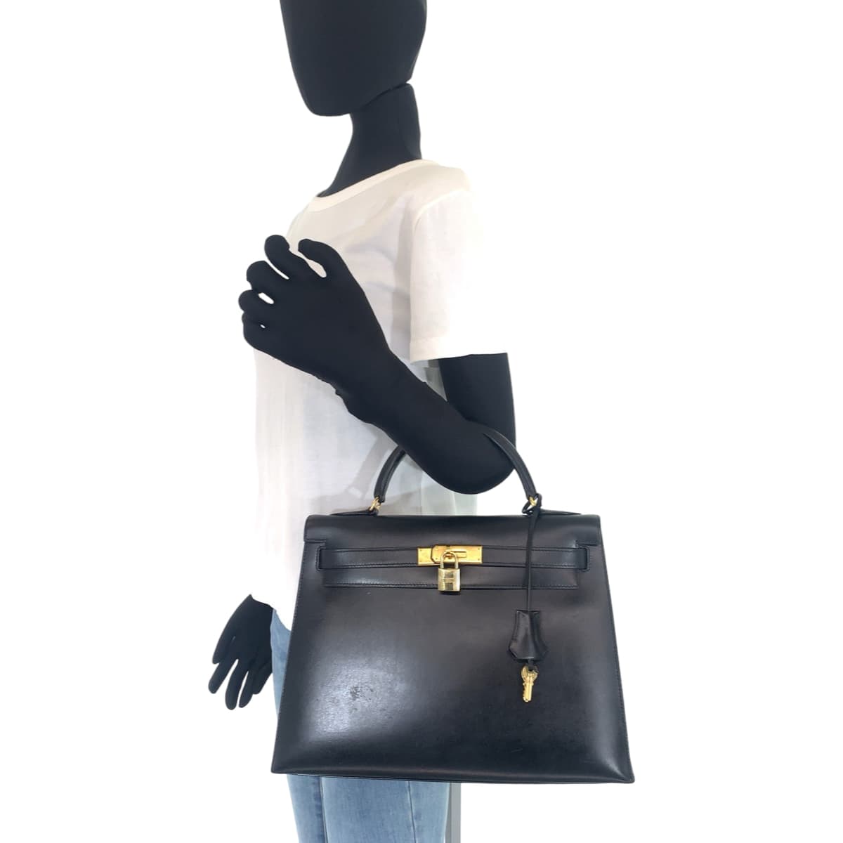 HERMES エルメス ヴィンテージ ケリー32 ブラック 黒 ゴールド金具 ボックスカーフ ハンドバッグ トートバッグ ◯A刻印  レディース